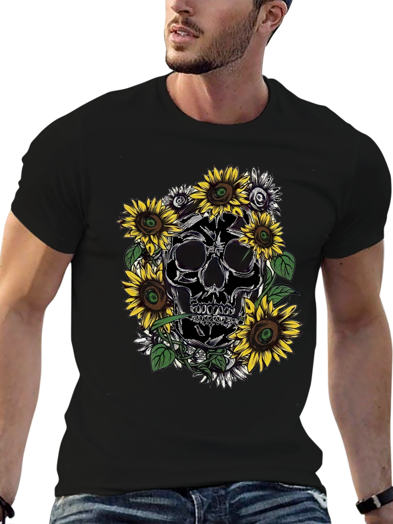 Skull & Sunflower Graphic Tee - Black Cotton T-Shirt