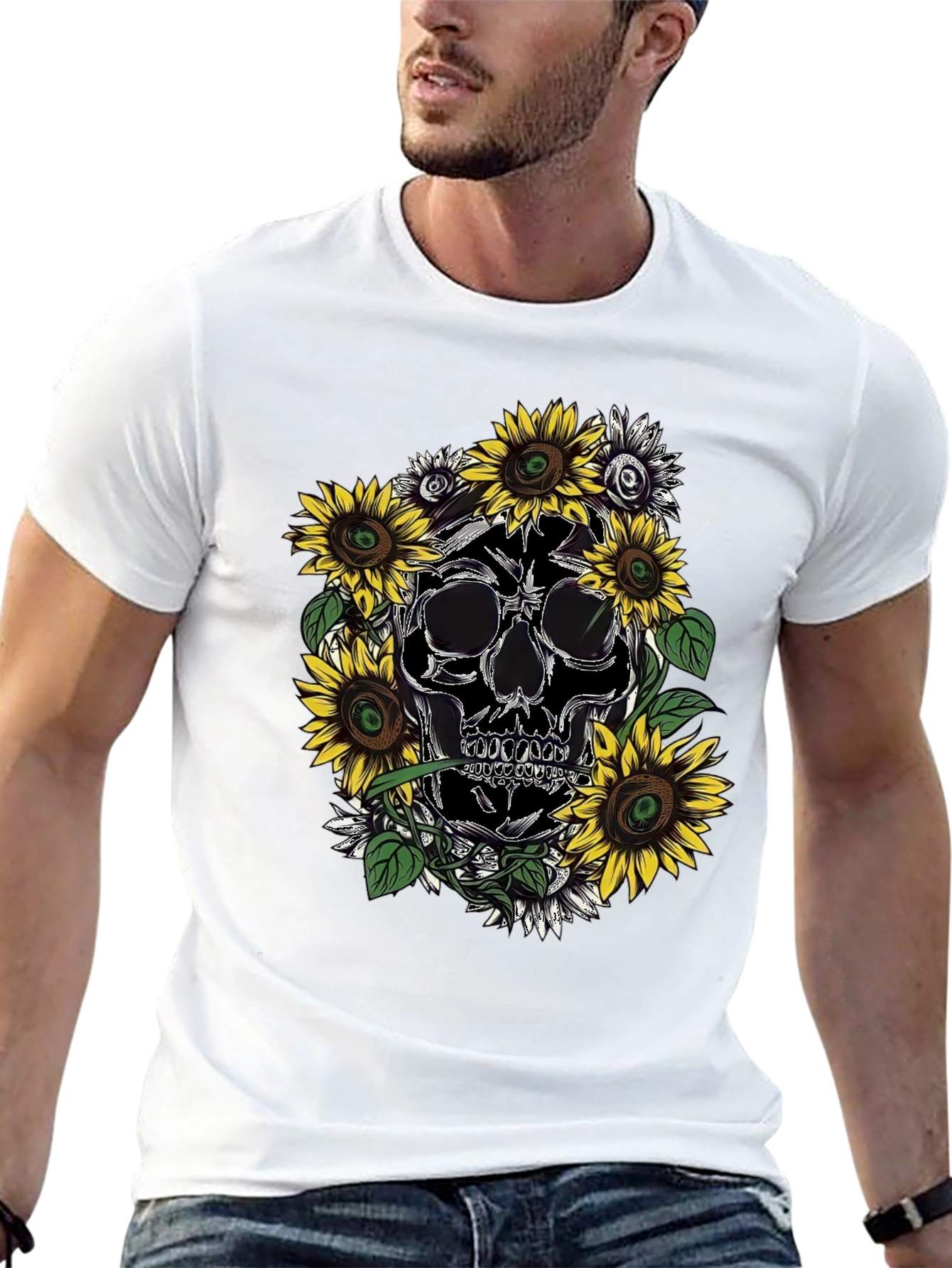Skull & Sunflower Graphic Tee - Black Cotton T-Shirt