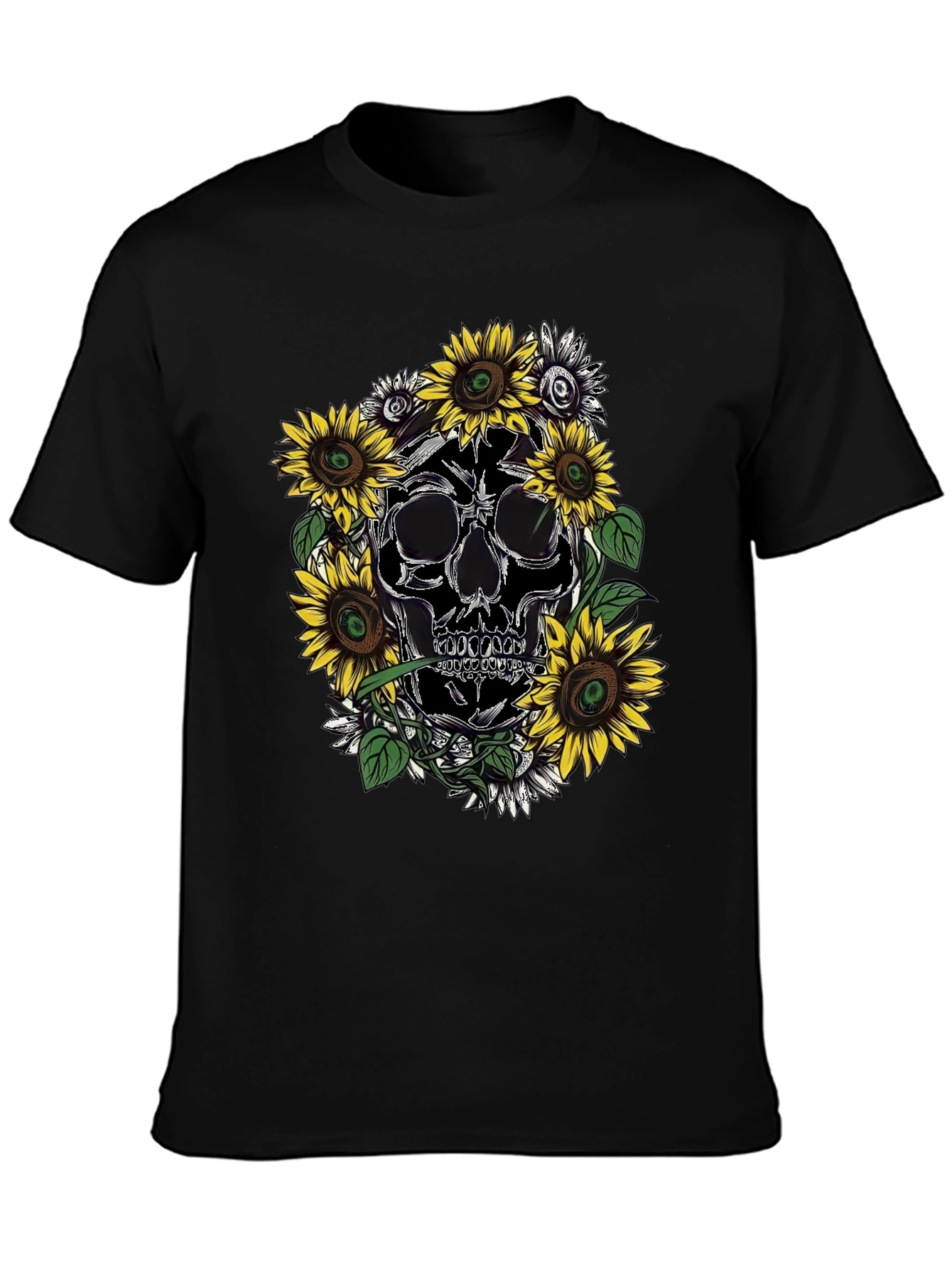 Skull & Sunflower Graphic Tee - Black Cotton T-Shirt
