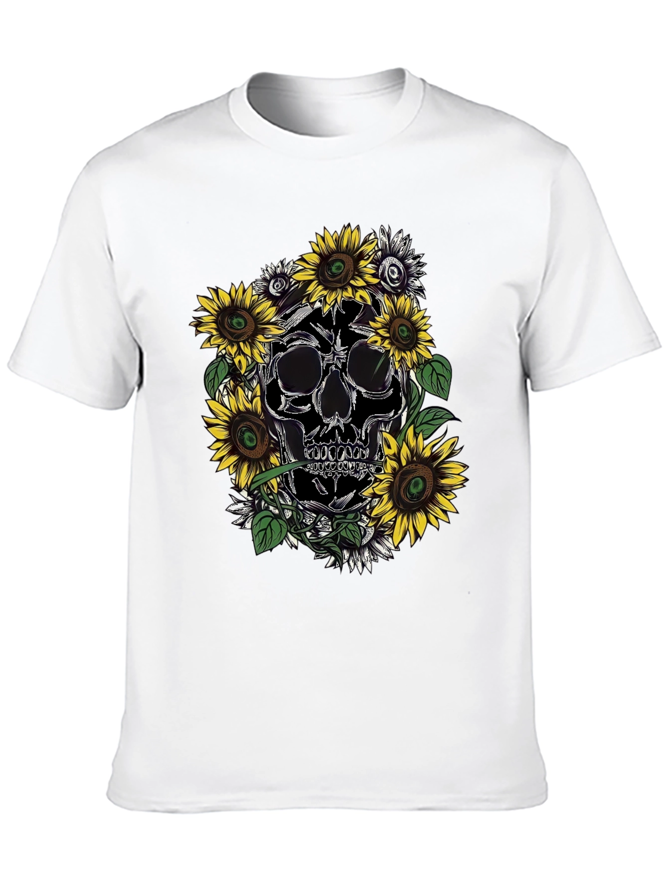 Skull & Sunflower Graphic Tee - Black Cotton T-Shirt