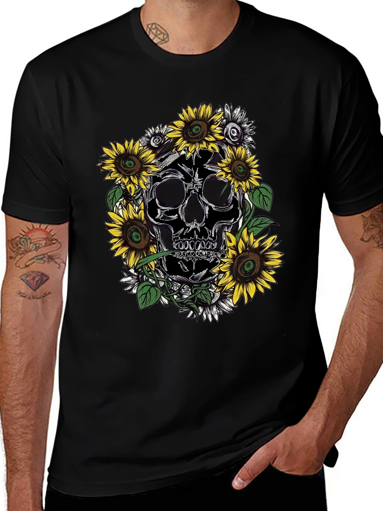 Skull & Sunflower Graphic Tee - Black Cotton T-Shirt