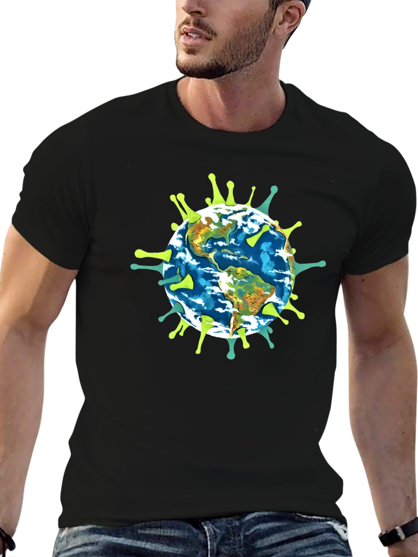 Earth Globe Virus Graphic Black T-Shirt