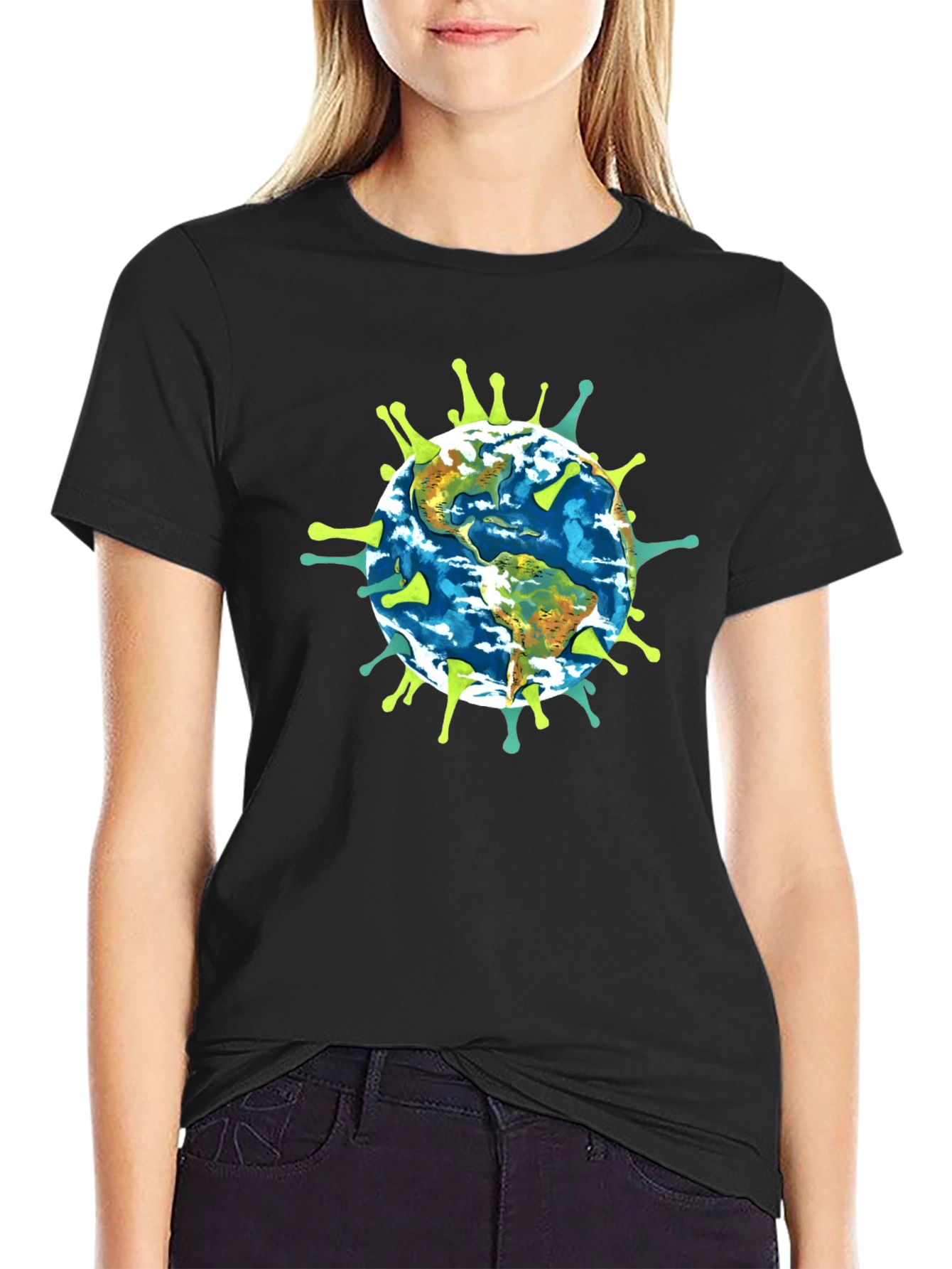 Earth Globe Virus Graphic Black T-Shirt
