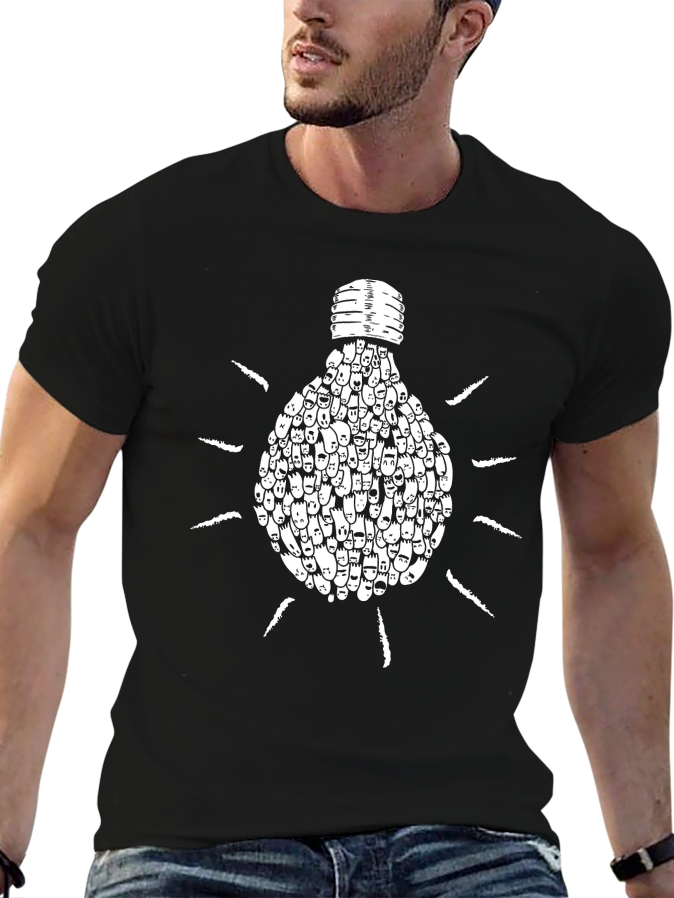 Creative Light Bulb Faces Graphic Tee - Black