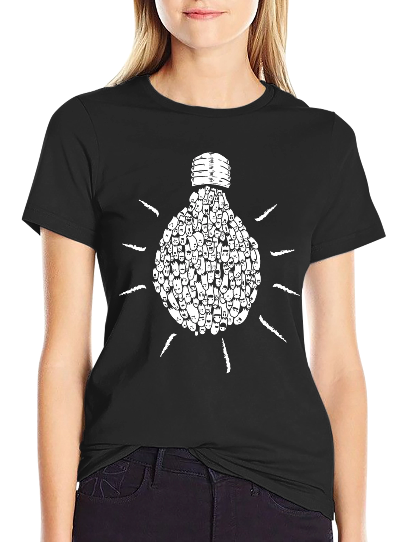 Creative Light Bulb Faces Graphic Tee - Black