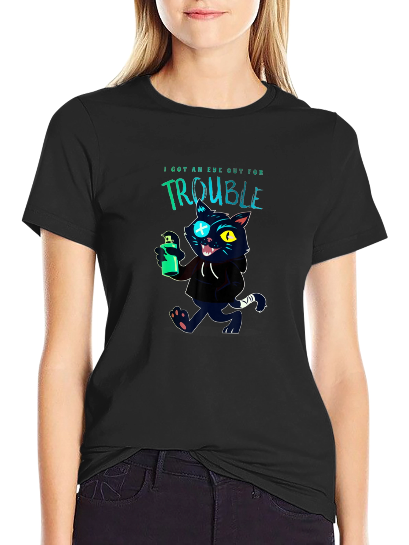 Trouble Cat Graphic T-Shirt - Black