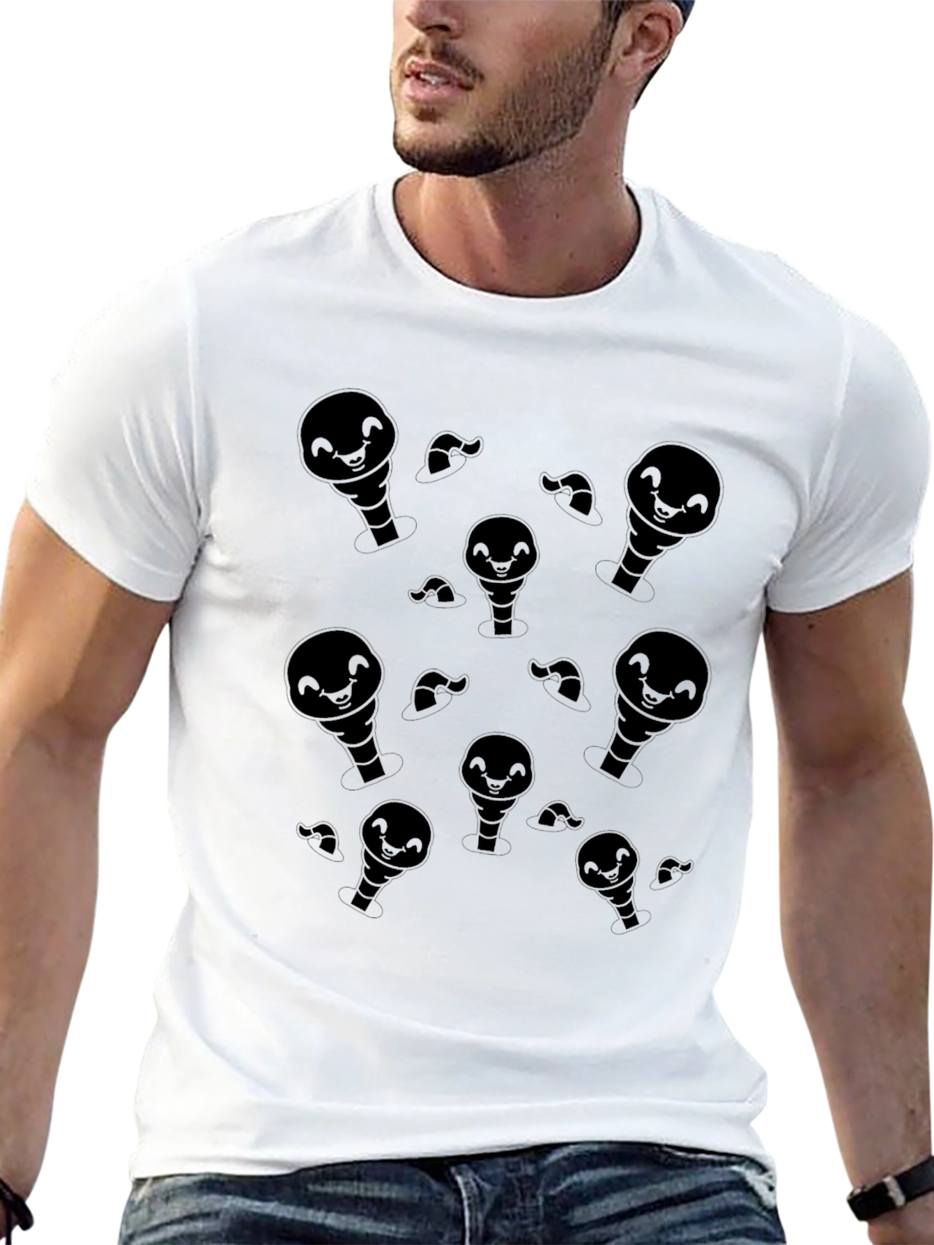 Mens Black Cartoon Ghost Pattern T-Shirt