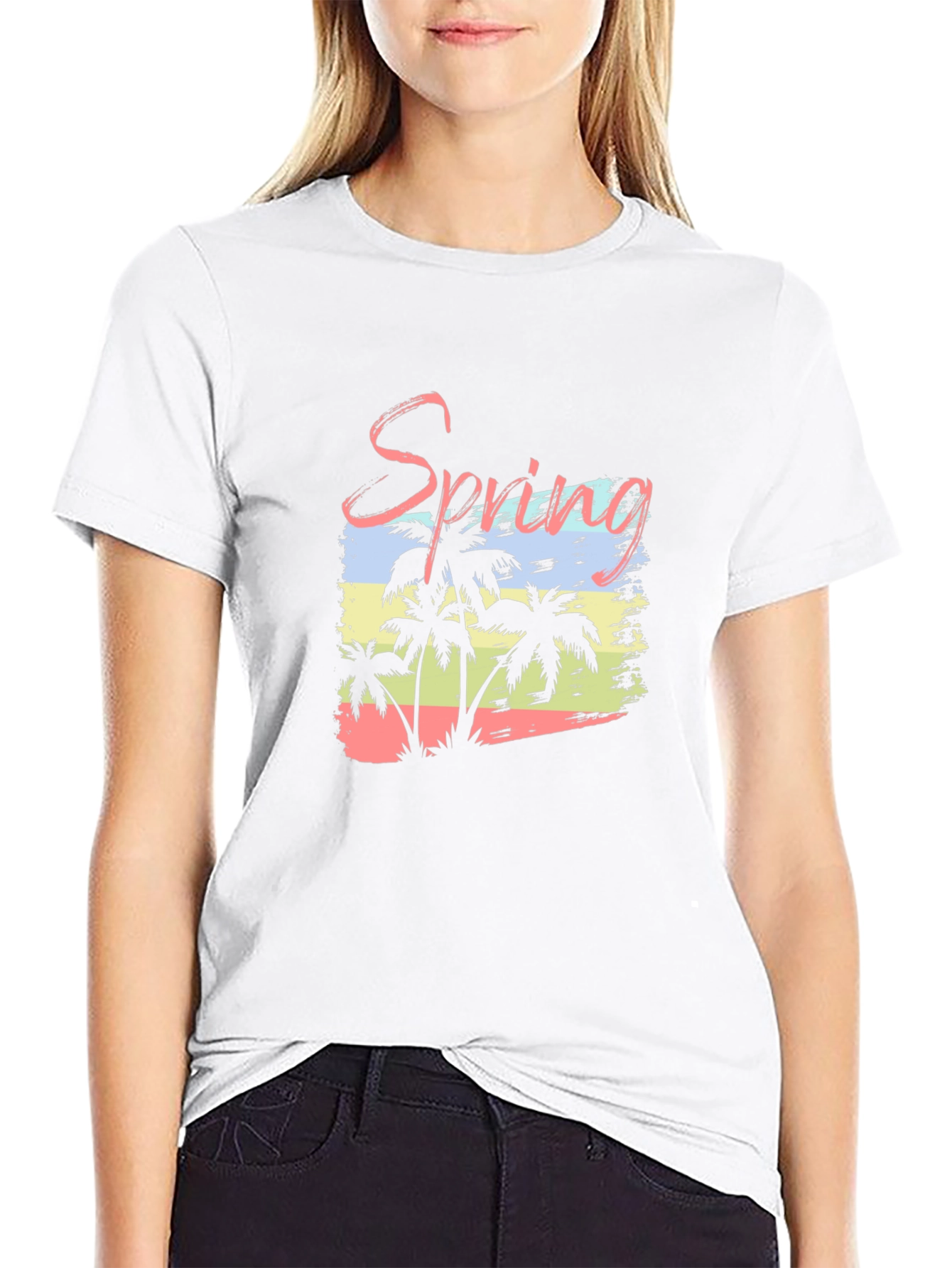 Spring Palm Tree Graphic Black T-Shirt