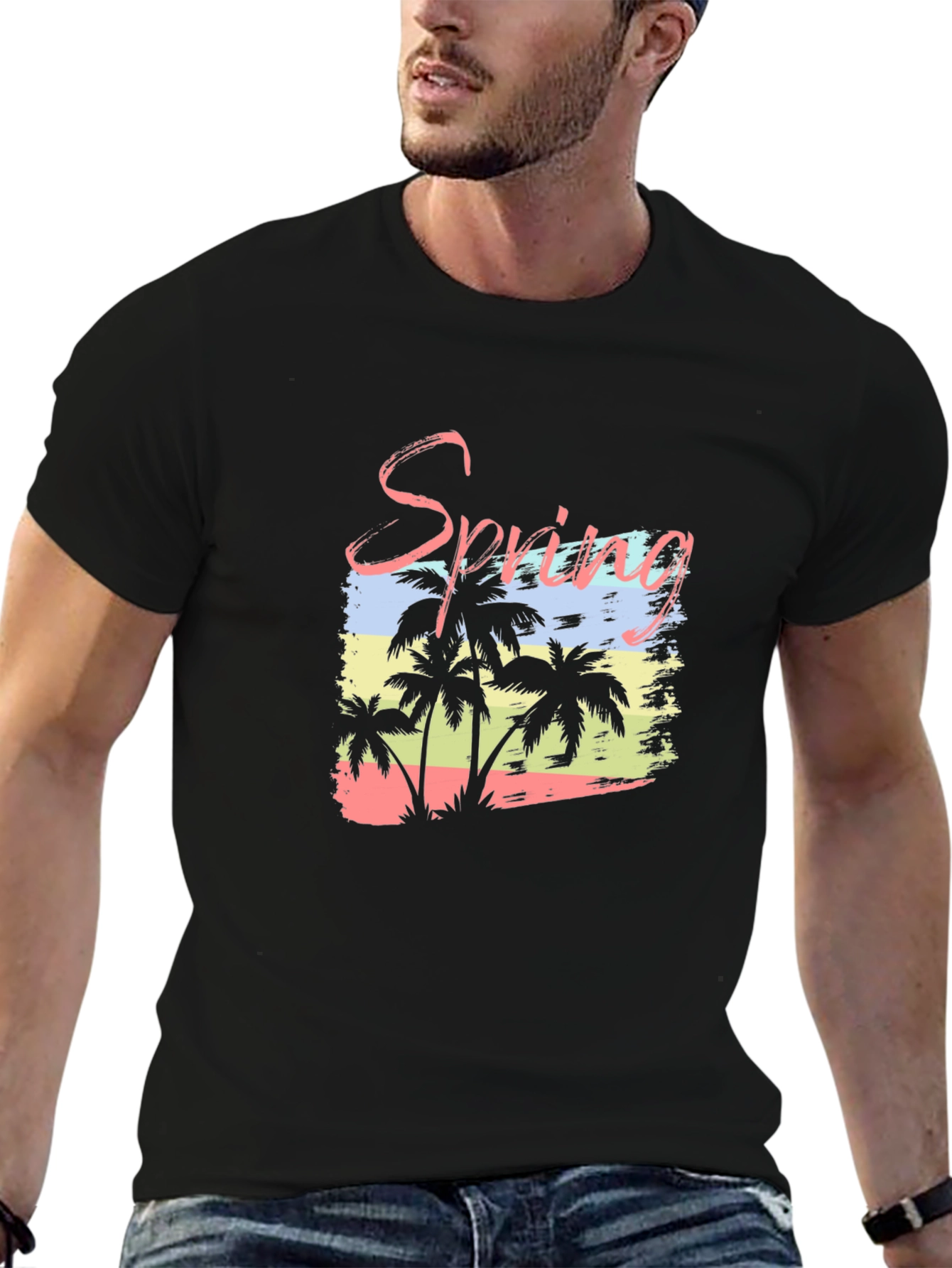 Spring Palm Tree Graphic Black T-Shirt