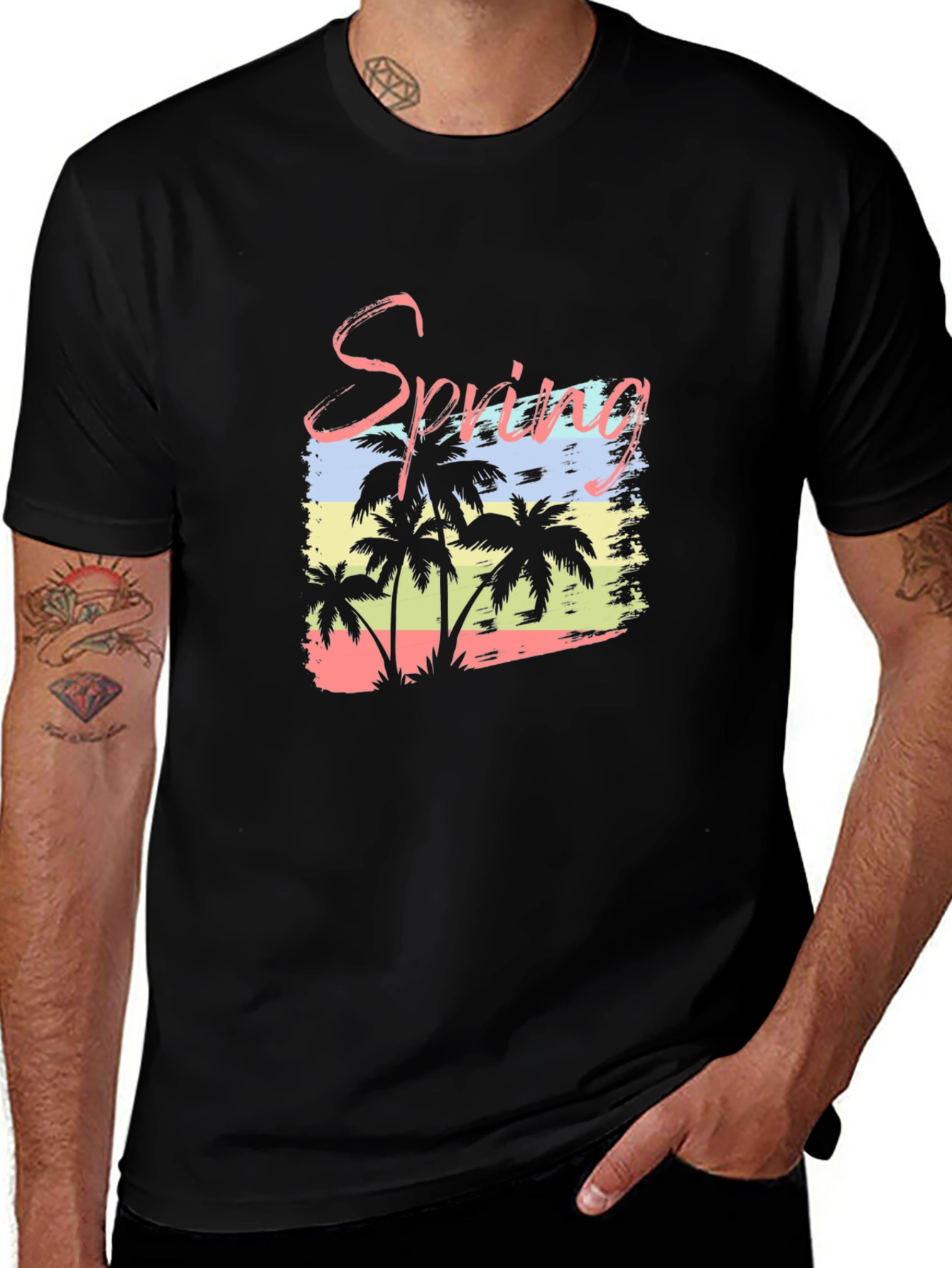 Spring Palm Tree Graphic Black T-Shirt