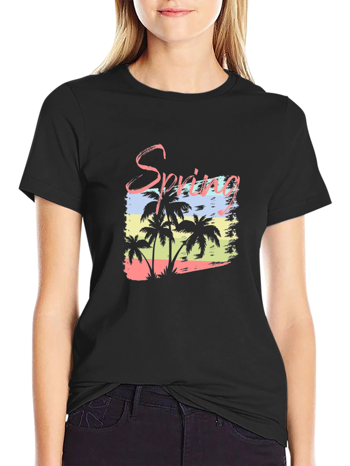 Spring Palm Tree Graphic Black T-Shirt