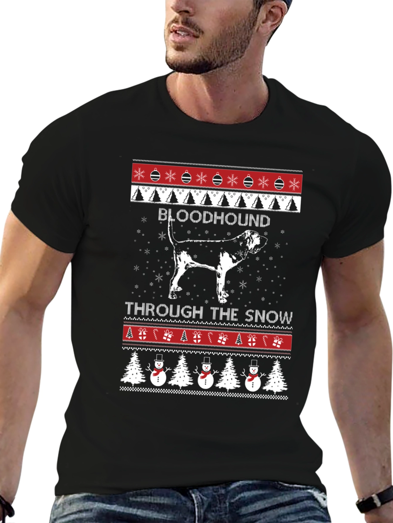 Bloodhound Through the Snow Christmas Ugly Sweater T-Shirt