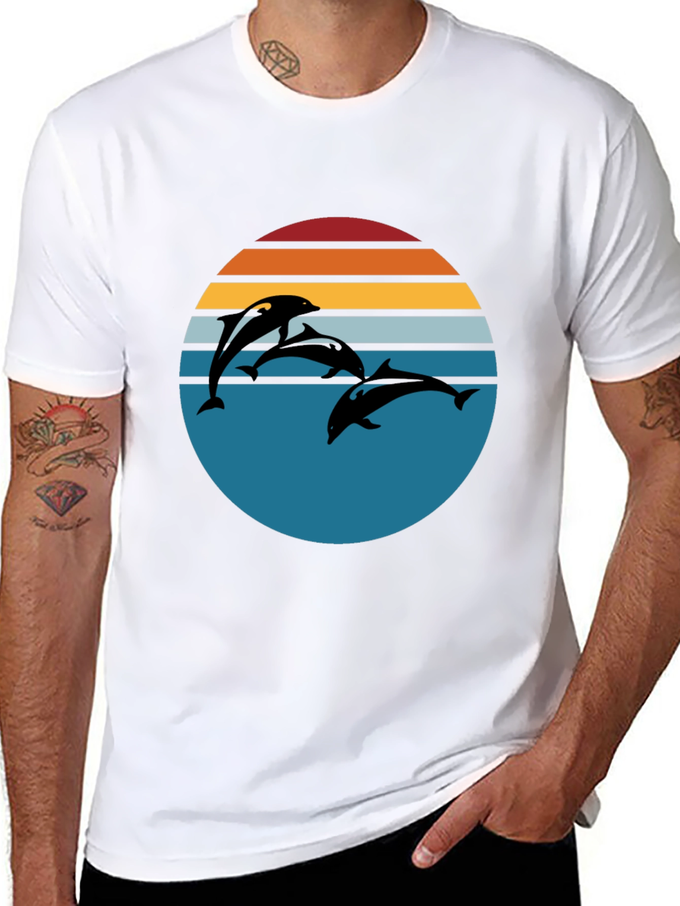Dolphin Sunset Graphic Tee - Retro Style Black T-Shirt
