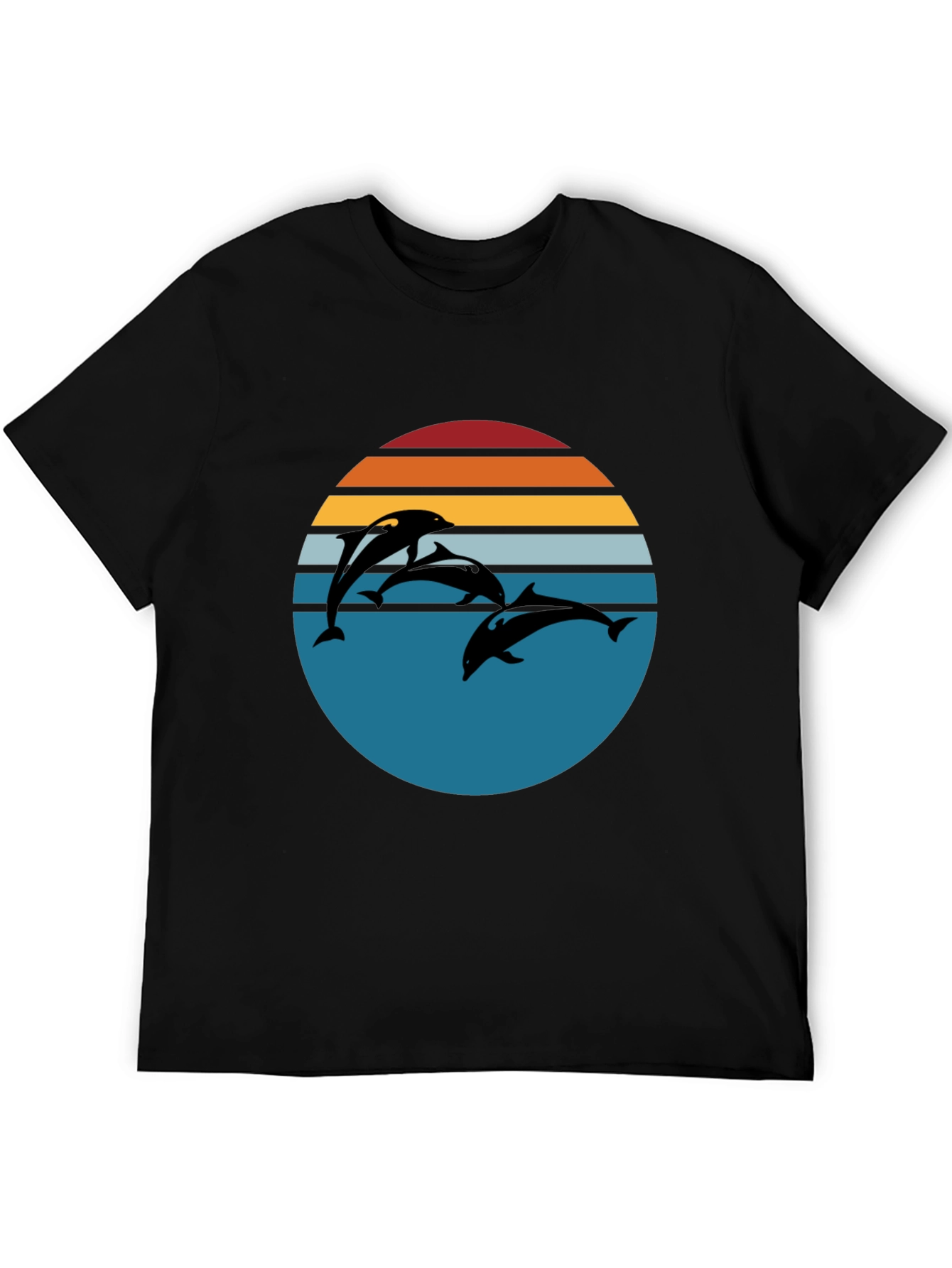 Dolphin Sunset Graphic Tee - Retro Style Black T-Shirt