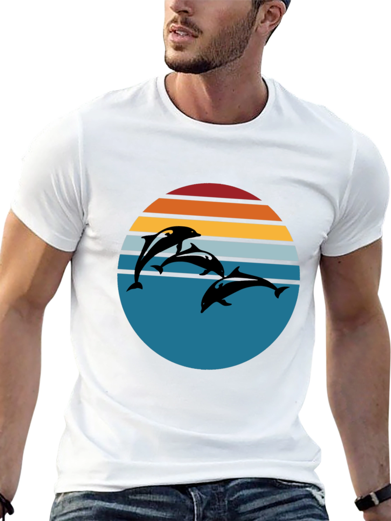 Dolphin Sunset Graphic Tee - Retro Style Black T-Shirt