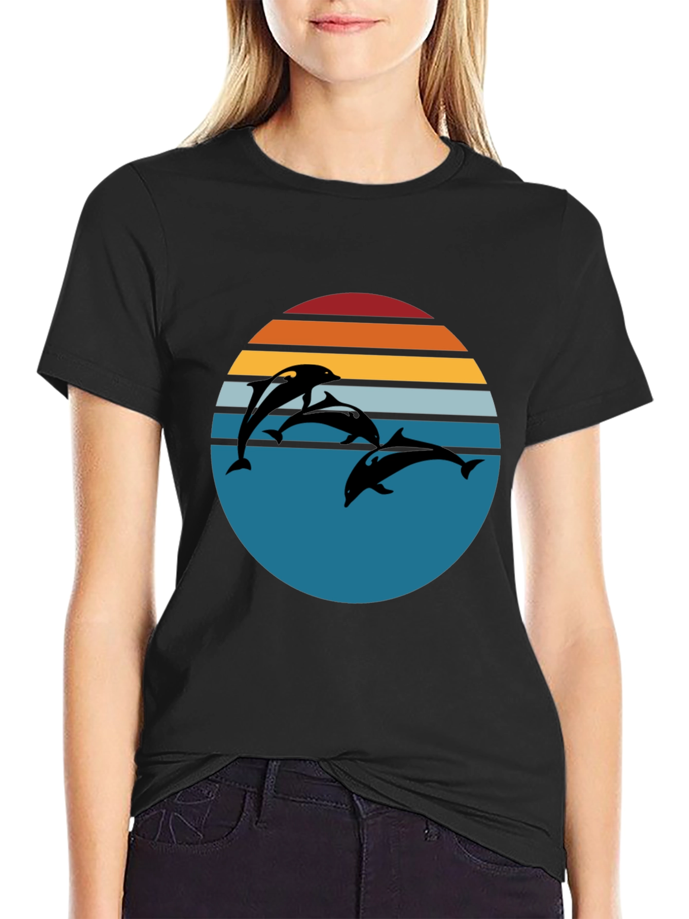 Dolphin Sunset Graphic Tee - Retro Style Black T-Shirt