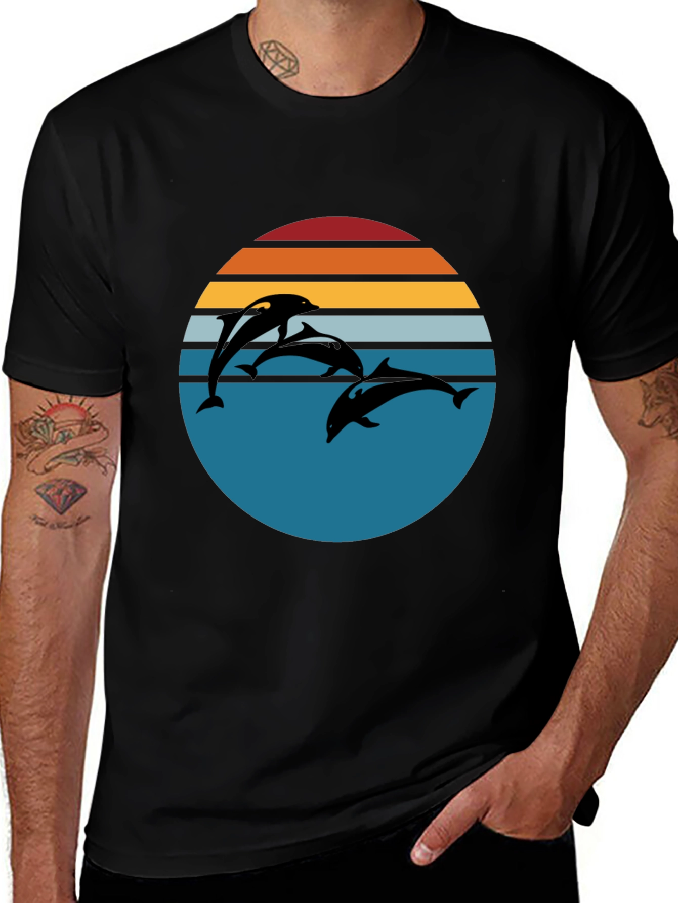 Dolphin Sunset Graphic Tee - Retro Style Black T-Shirt