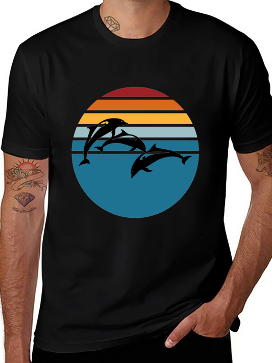 Dolphin Sunset Graphic Tee - Retro Style Black T-Shirt