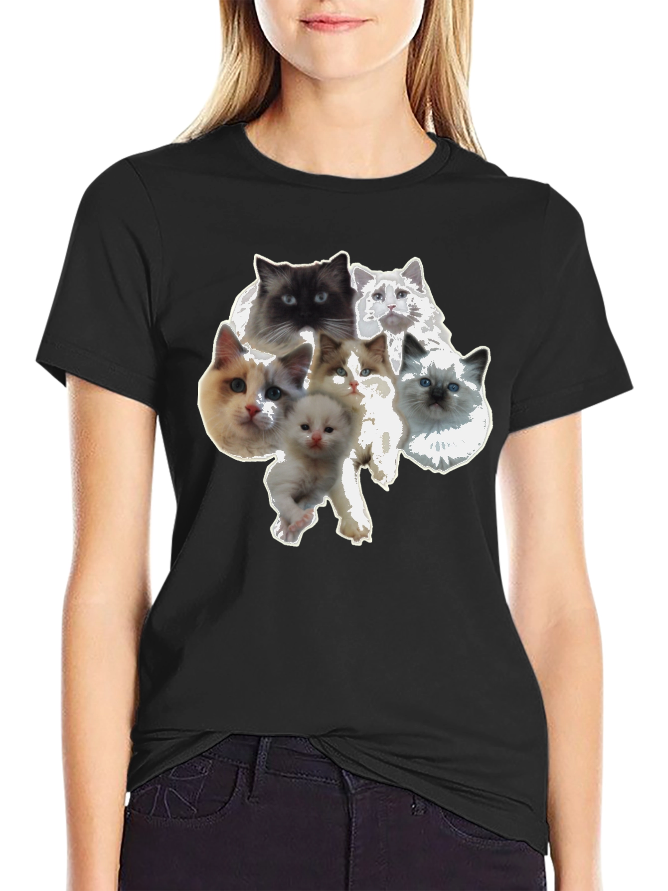 Cute Cat Faces Black T-Shirt