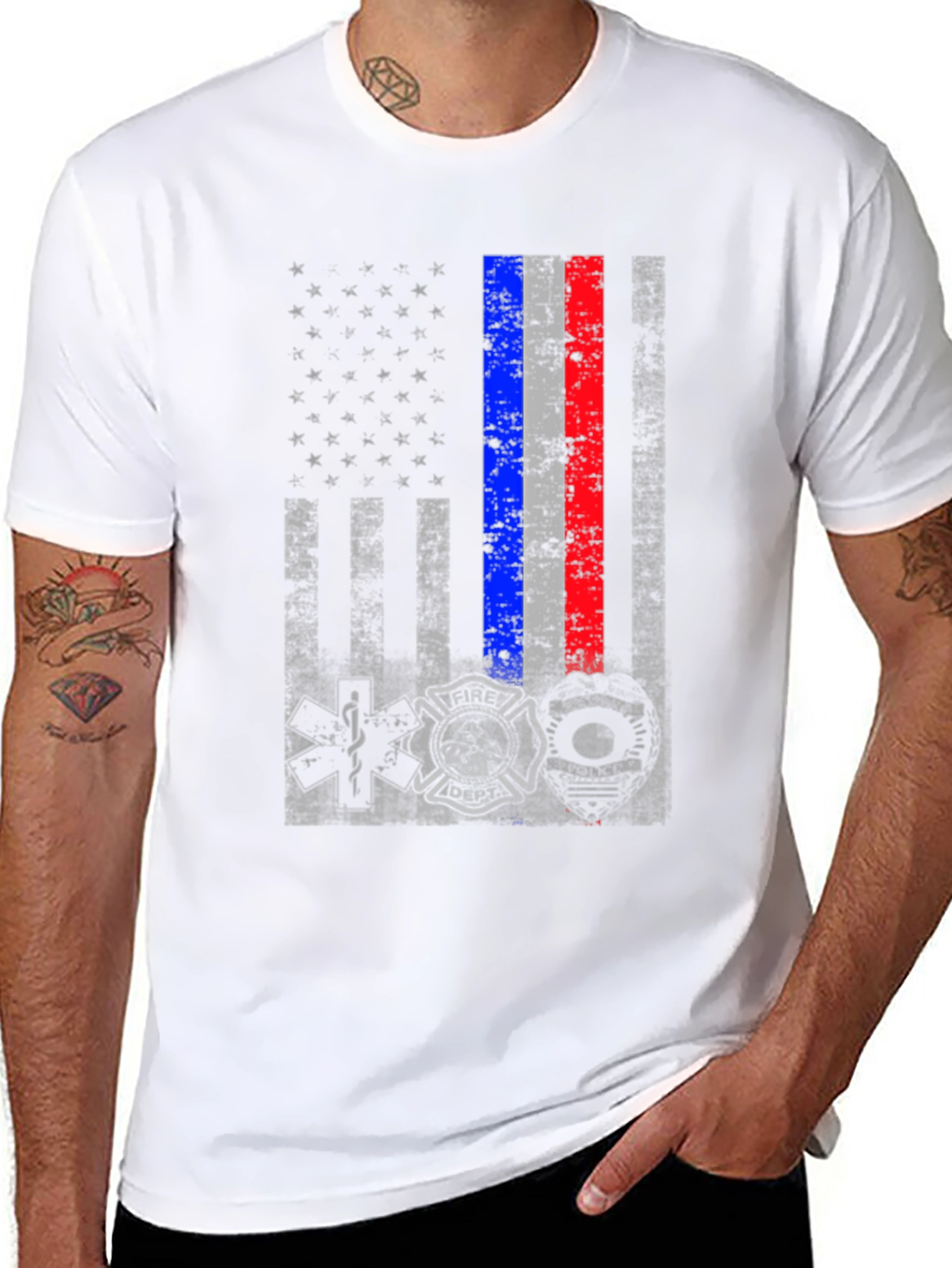 Distressed USA Flag EMS Firefighter Police T-Shirt