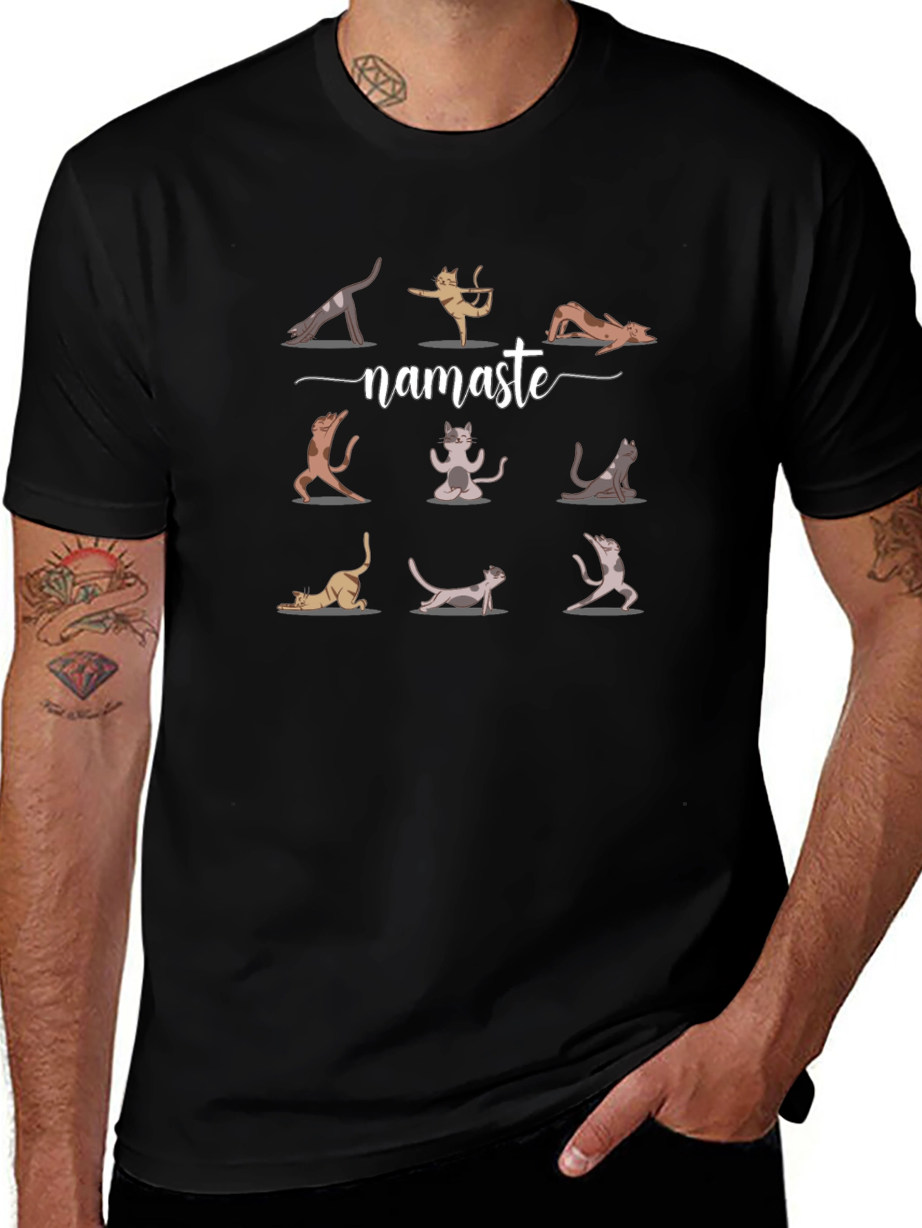Namaste Yoga Cat Graphic Tee - Black