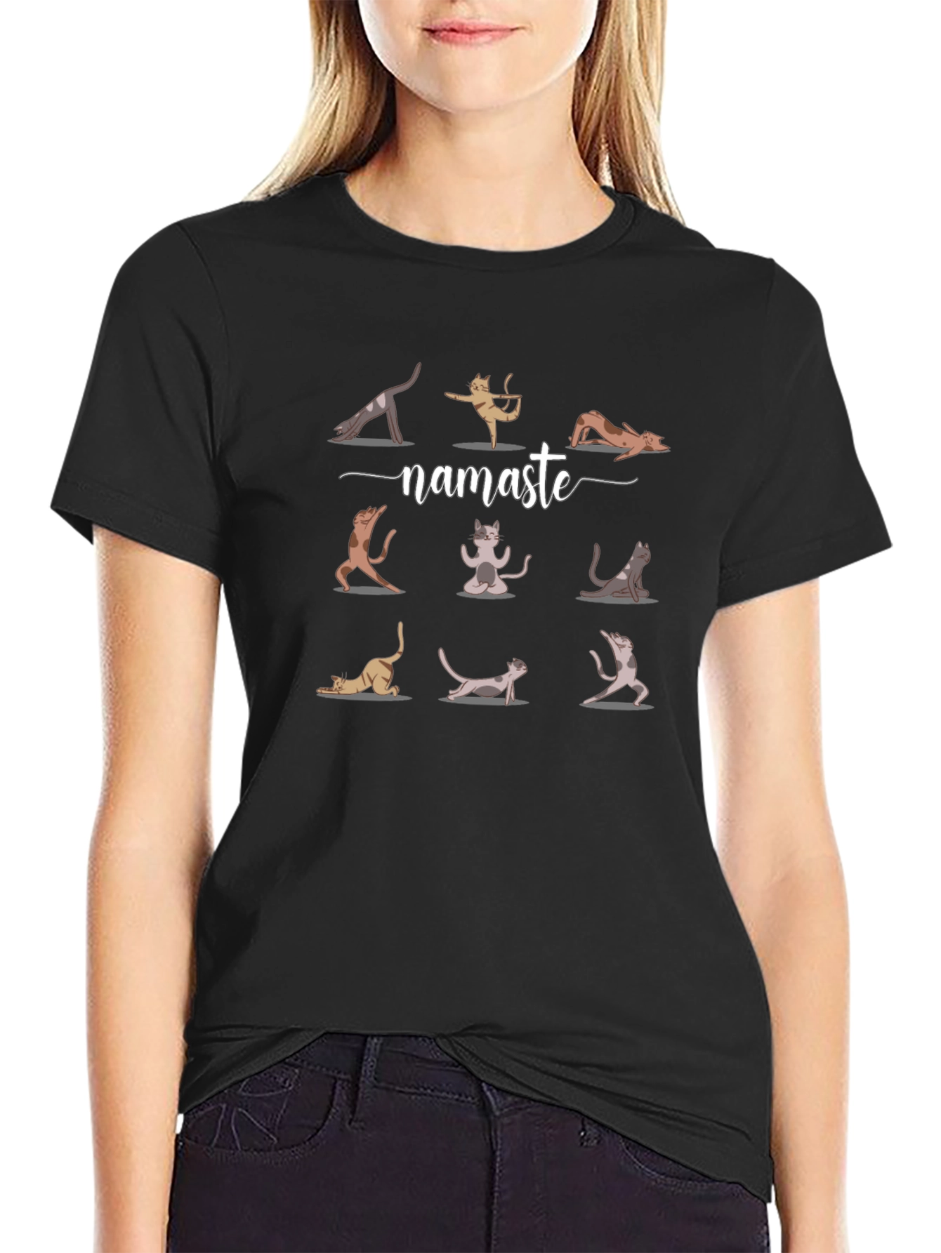 Namaste Yoga Cat Graphic Tee - Black