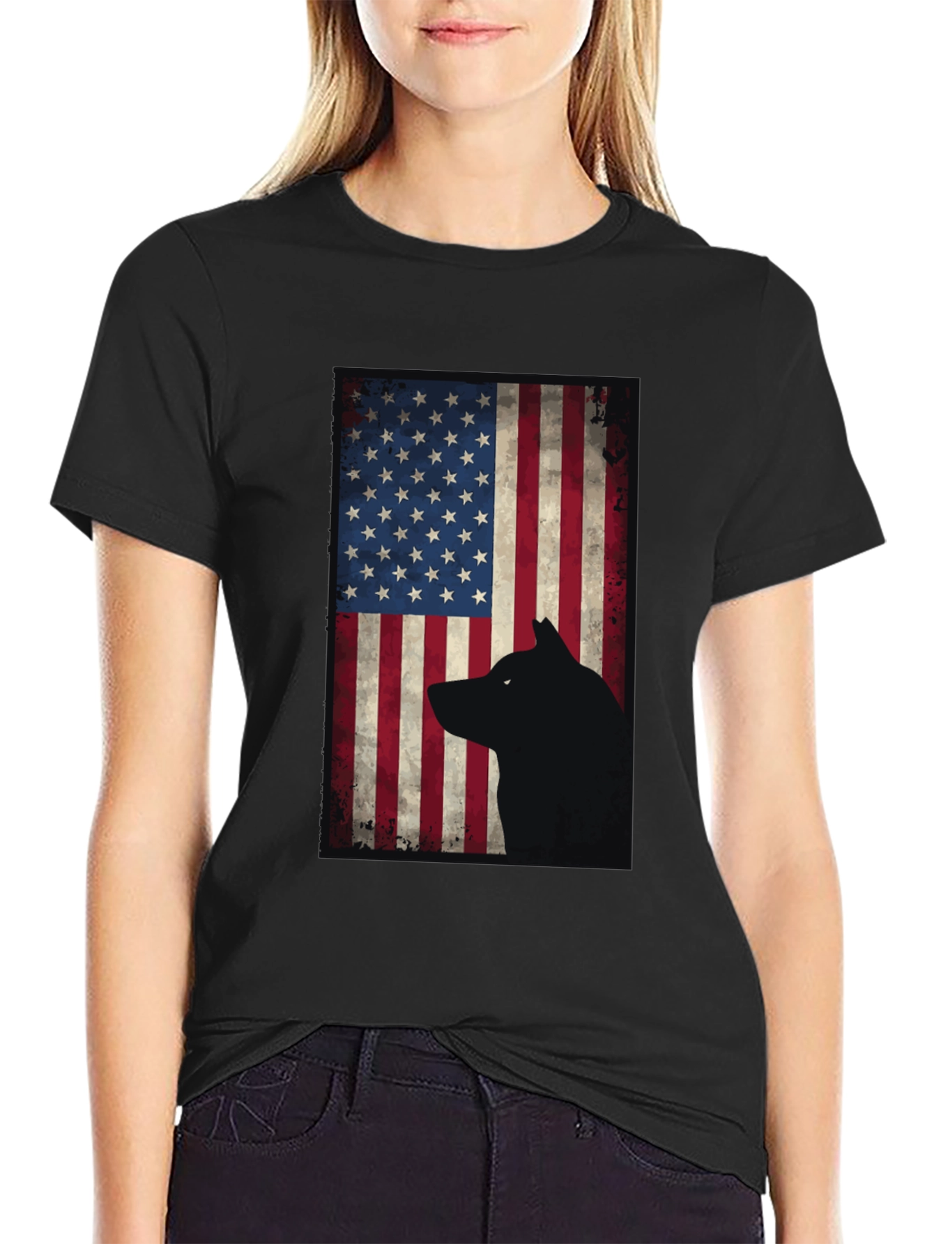 American Flag Wolf Graphic Tee - Black