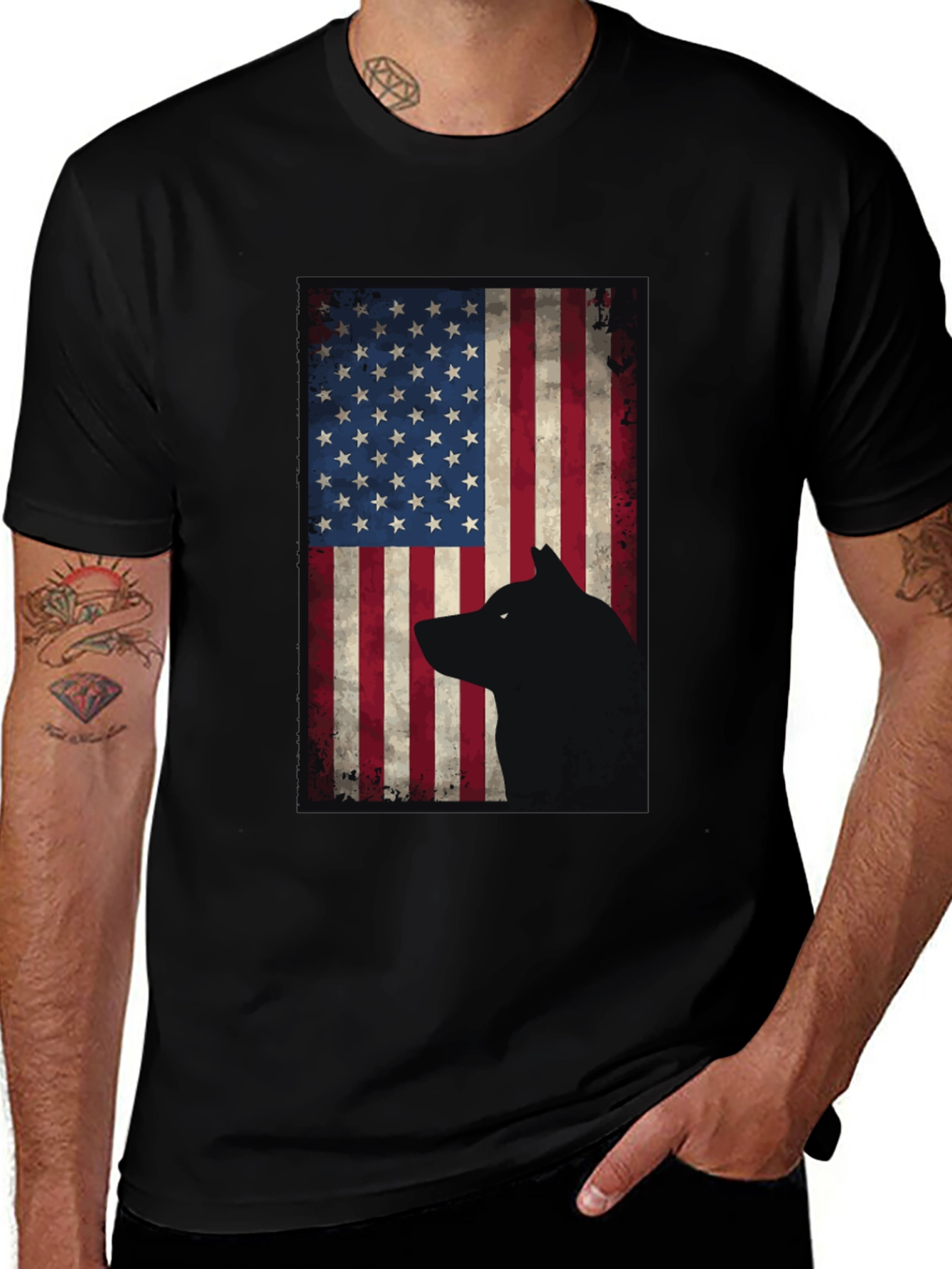 American Flag Wolf Graphic Tee - Black