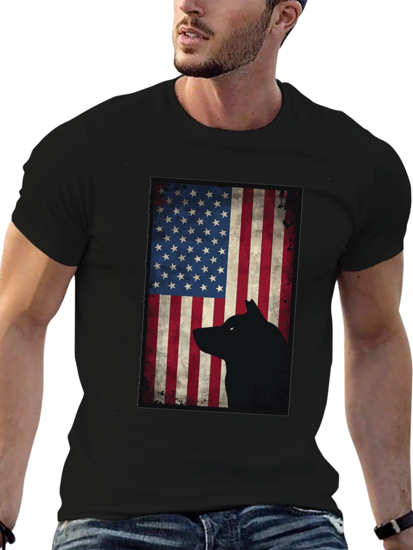 American Flag Wolf Graphic Tee - Black