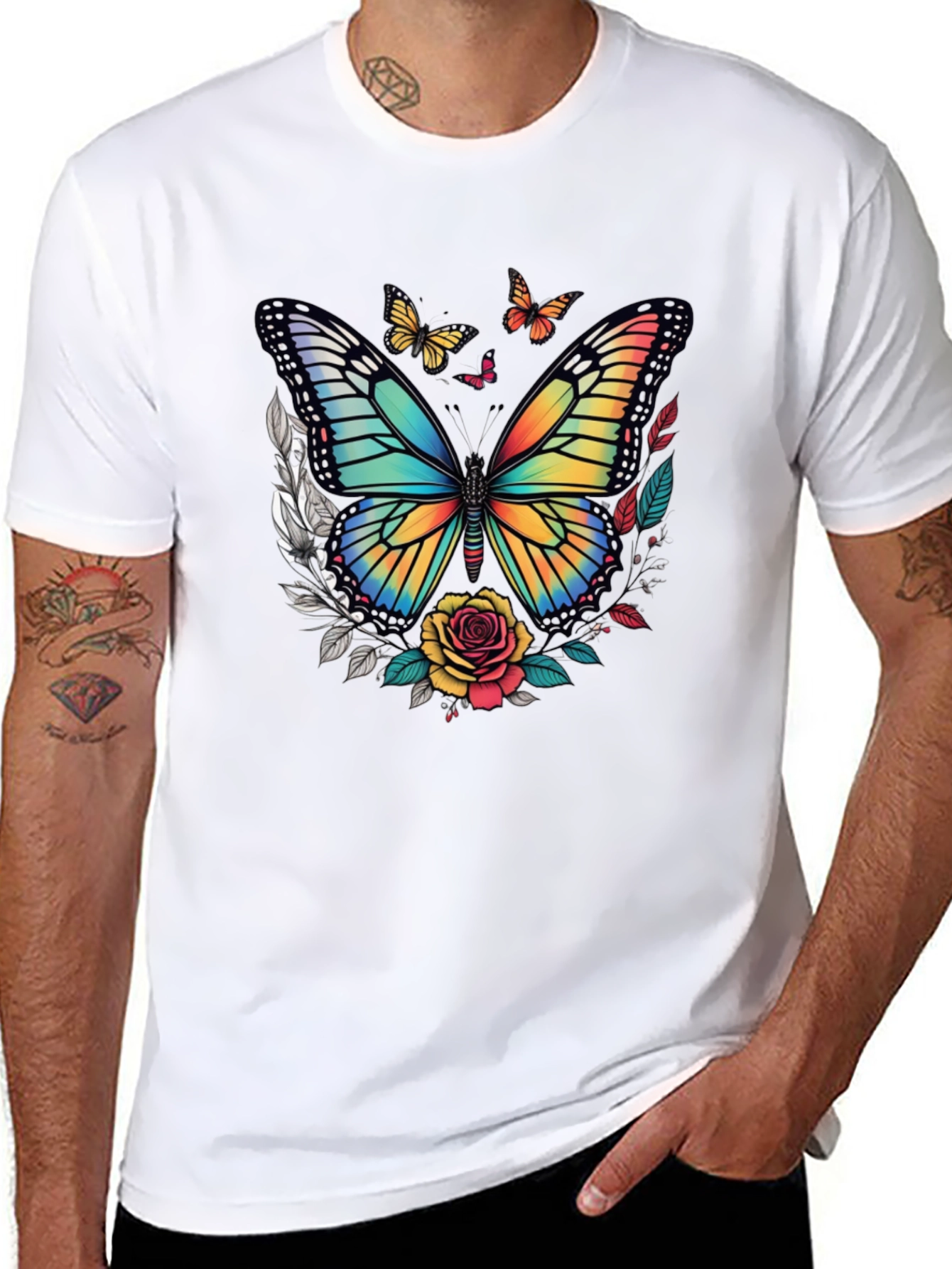 Butterfly & Roses Graphic Tee - Mens Black T-Shirt