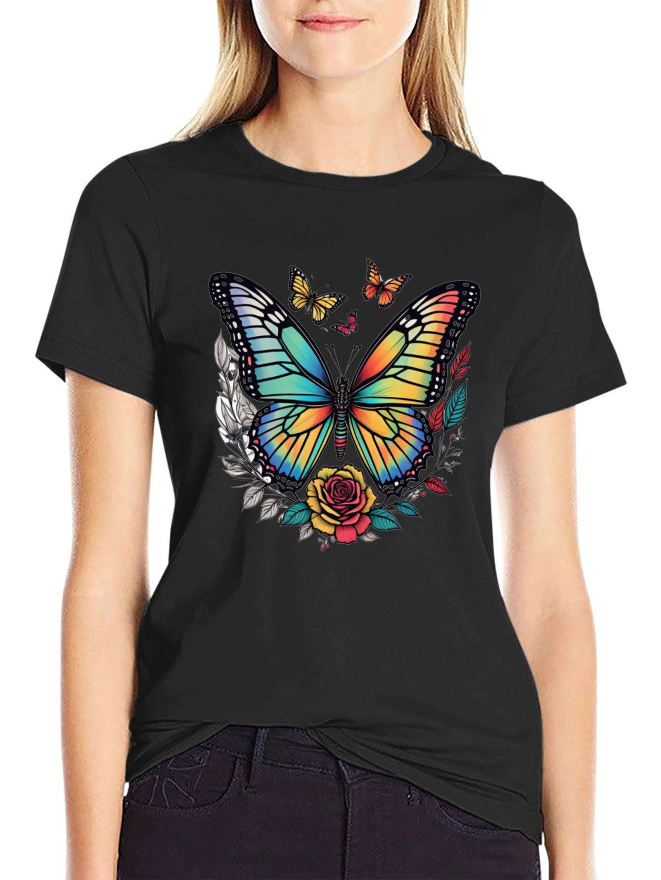 Butterfly & Roses Graphic Tee - Mens Black T-Shirt
