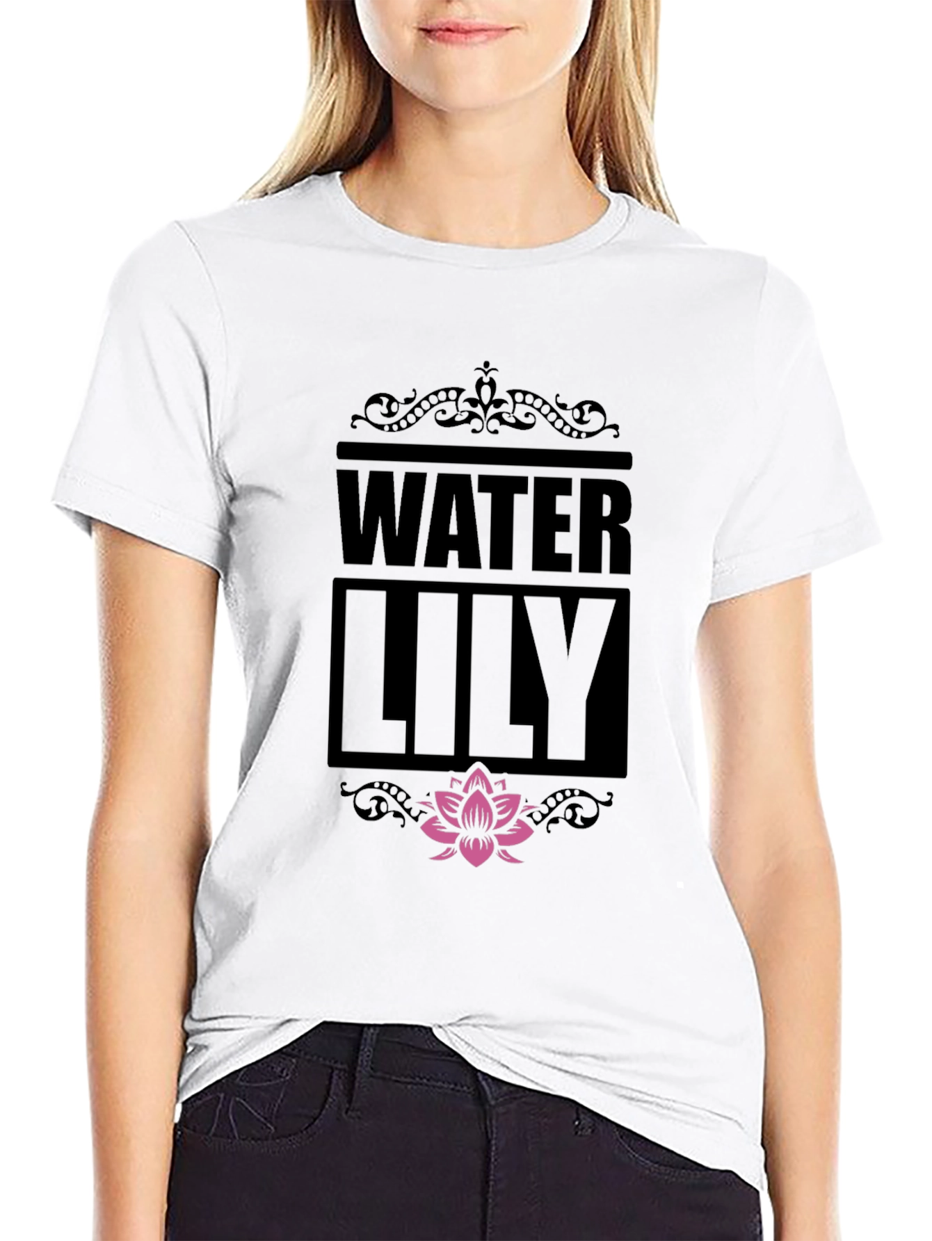 Water Lily Graphic Print Black T-Shirt
