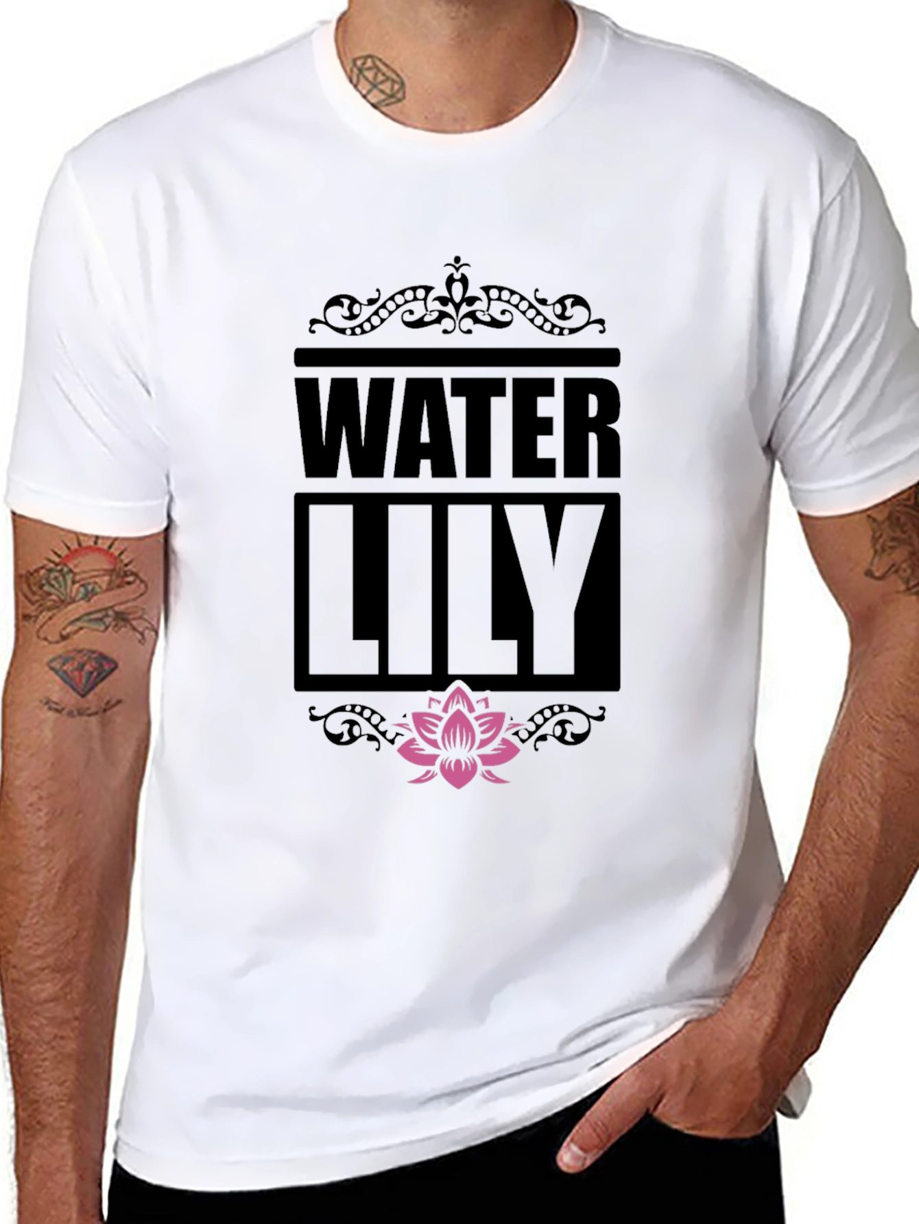 Water Lily Graphic Print Black T-Shirt