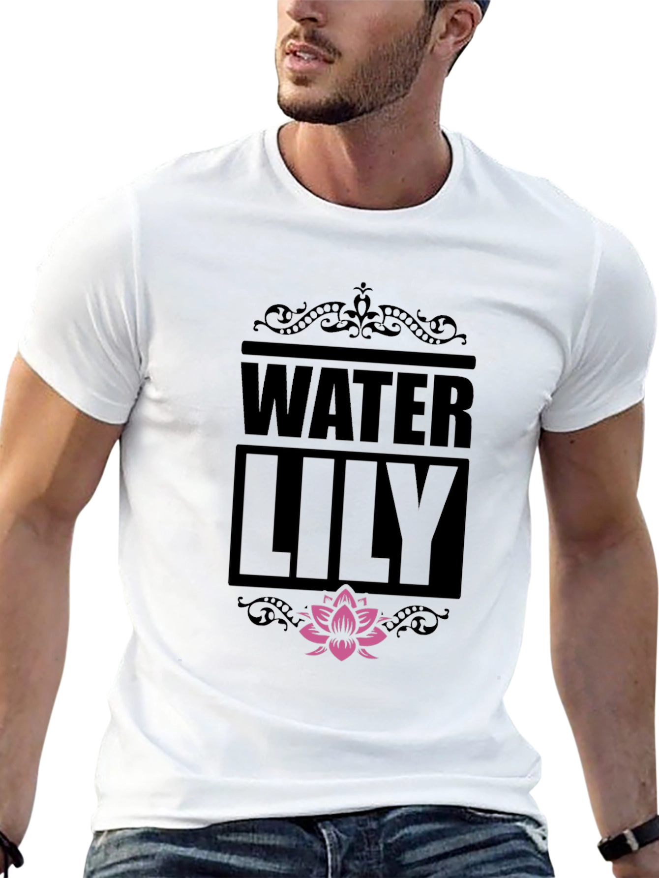Water Lily Graphic Print Black T-Shirt
