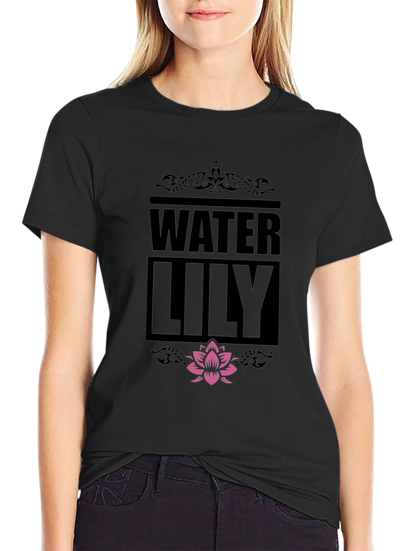 Water Lily Graphic Print Black T-Shirt