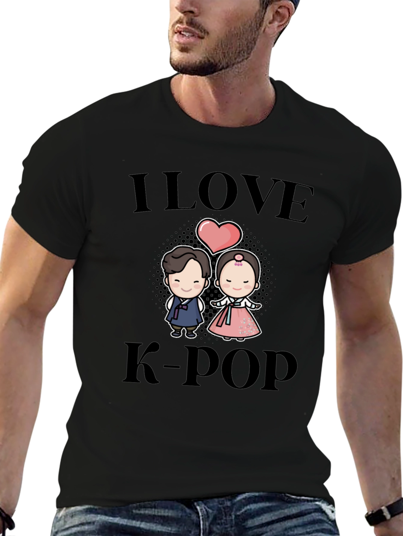 I Love K-Pop Cartoon Couple Black T-Shirt