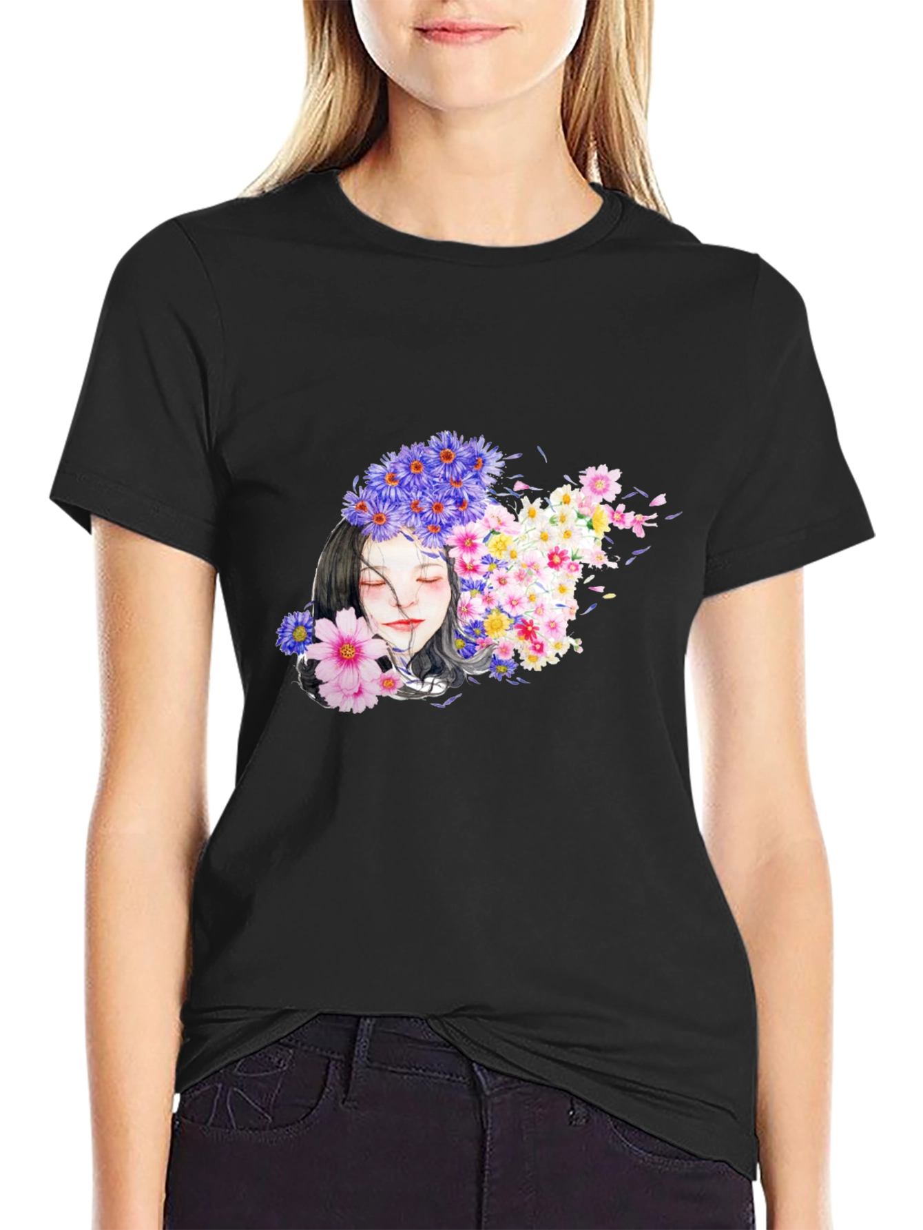 Floral Woman Black T-Shirt
