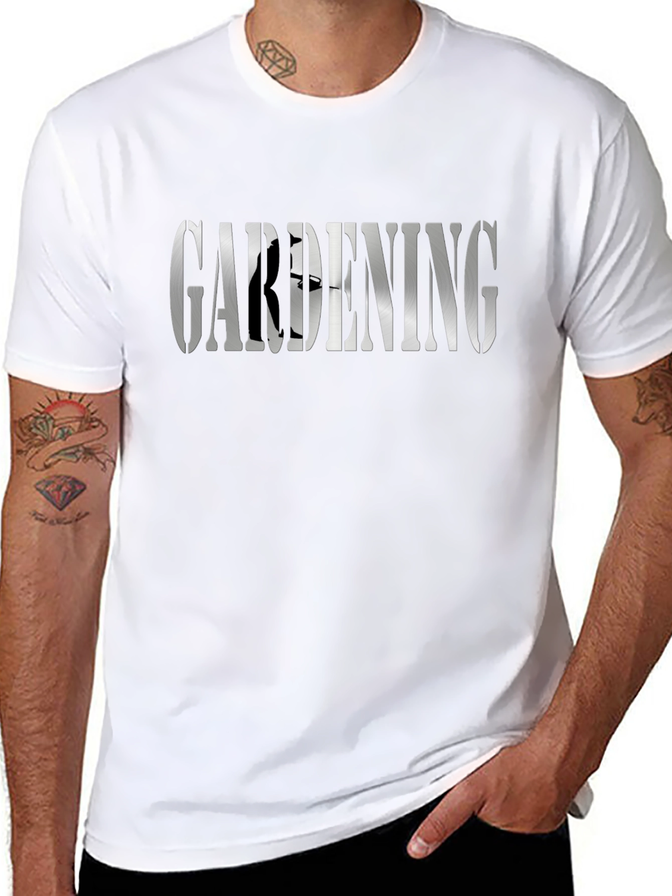 Gardening T-Shirt: Silver Word Art & Gardener Silhouette