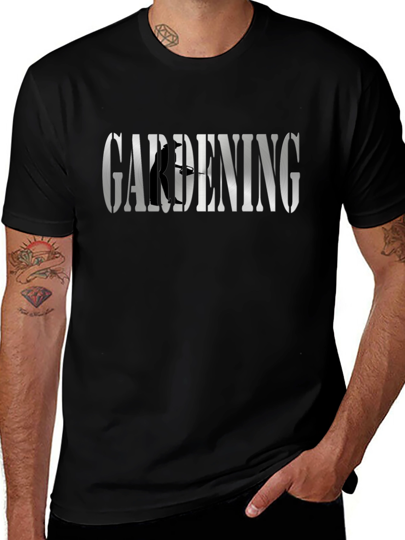 Gardening T-Shirt: Silver Word Art & Gardener Silhouette