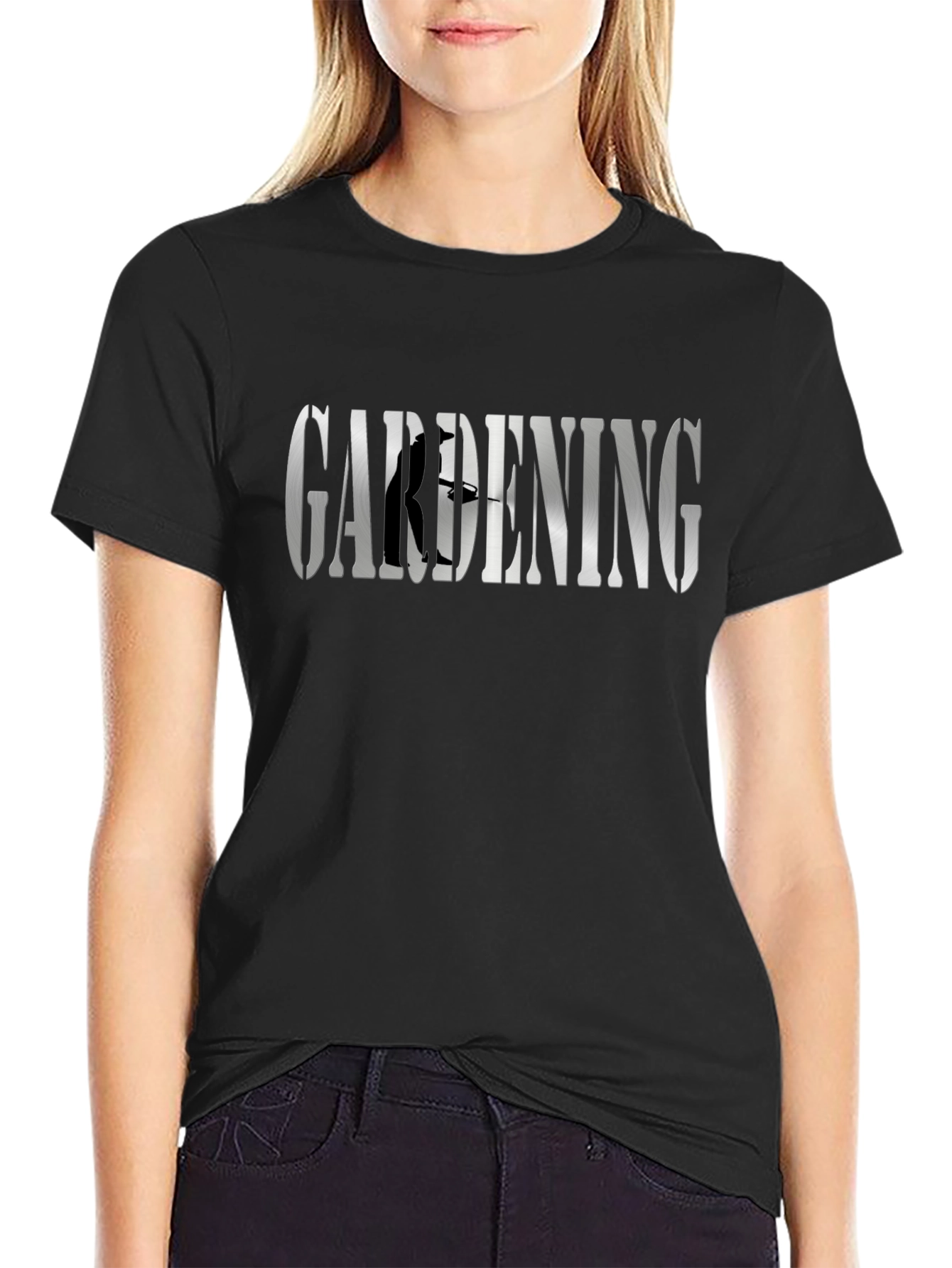 Gardening T-Shirt: Silver Word Art & Gardener Silhouette