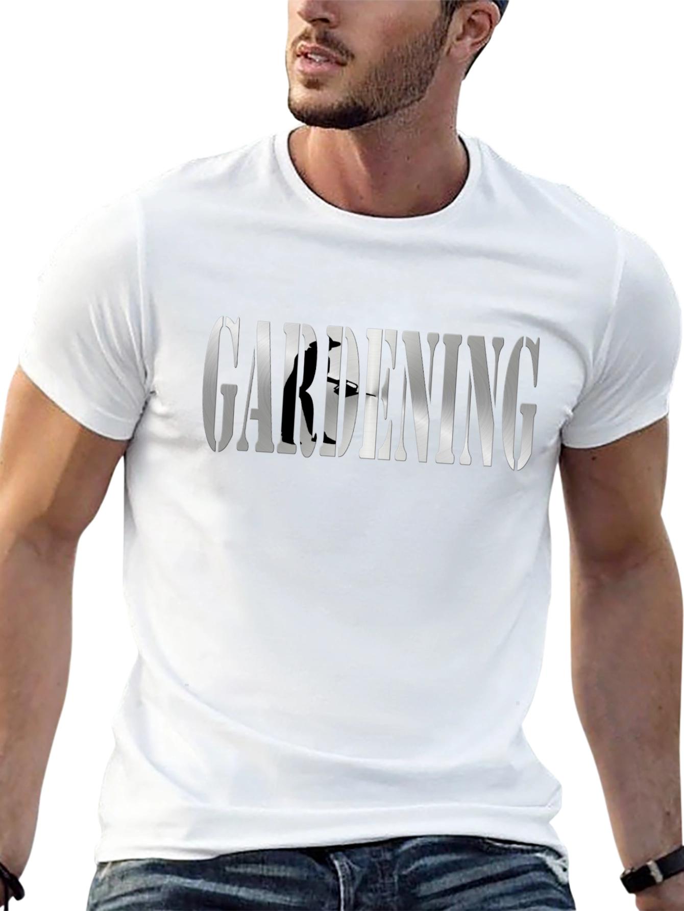 Gardening T-Shirt: Silver Word Art & Gardener Silhouette