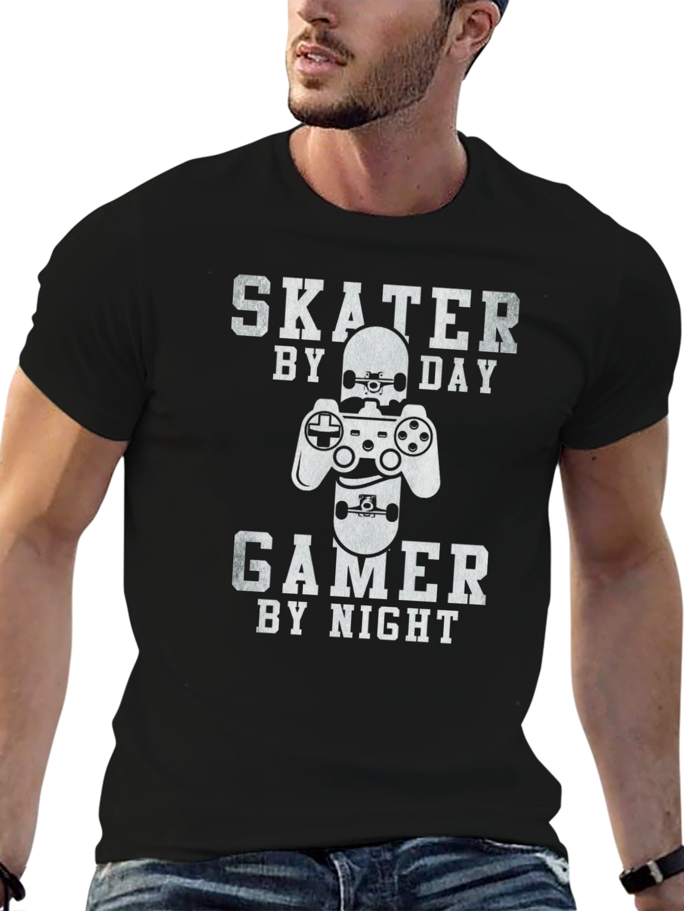 Skater Gamer Graphic Tee - Black Cotton T-Shirt