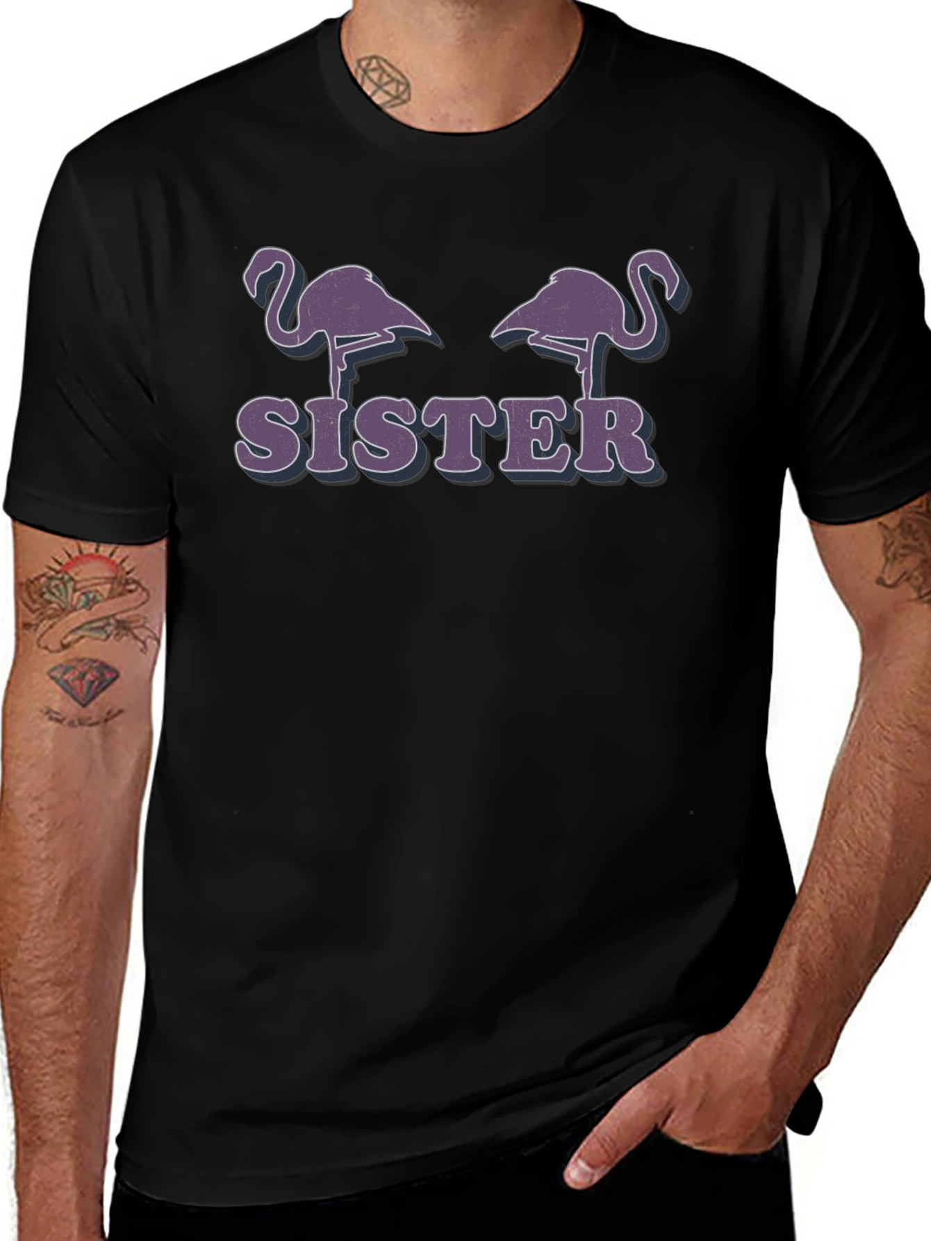 Flamingo Sister Graphic T-Shirt - Black