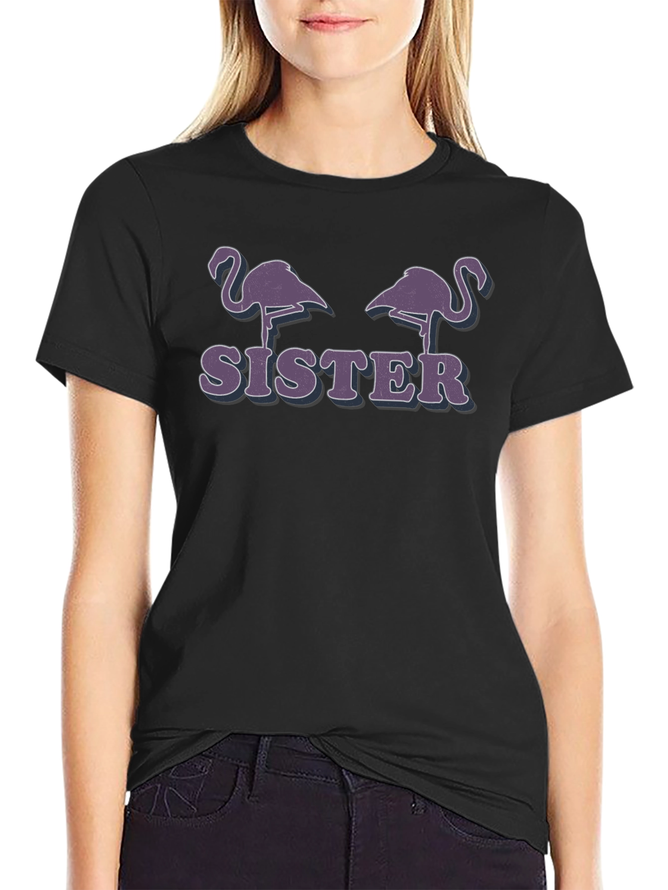 Flamingo Sister Graphic T-Shirt - Black