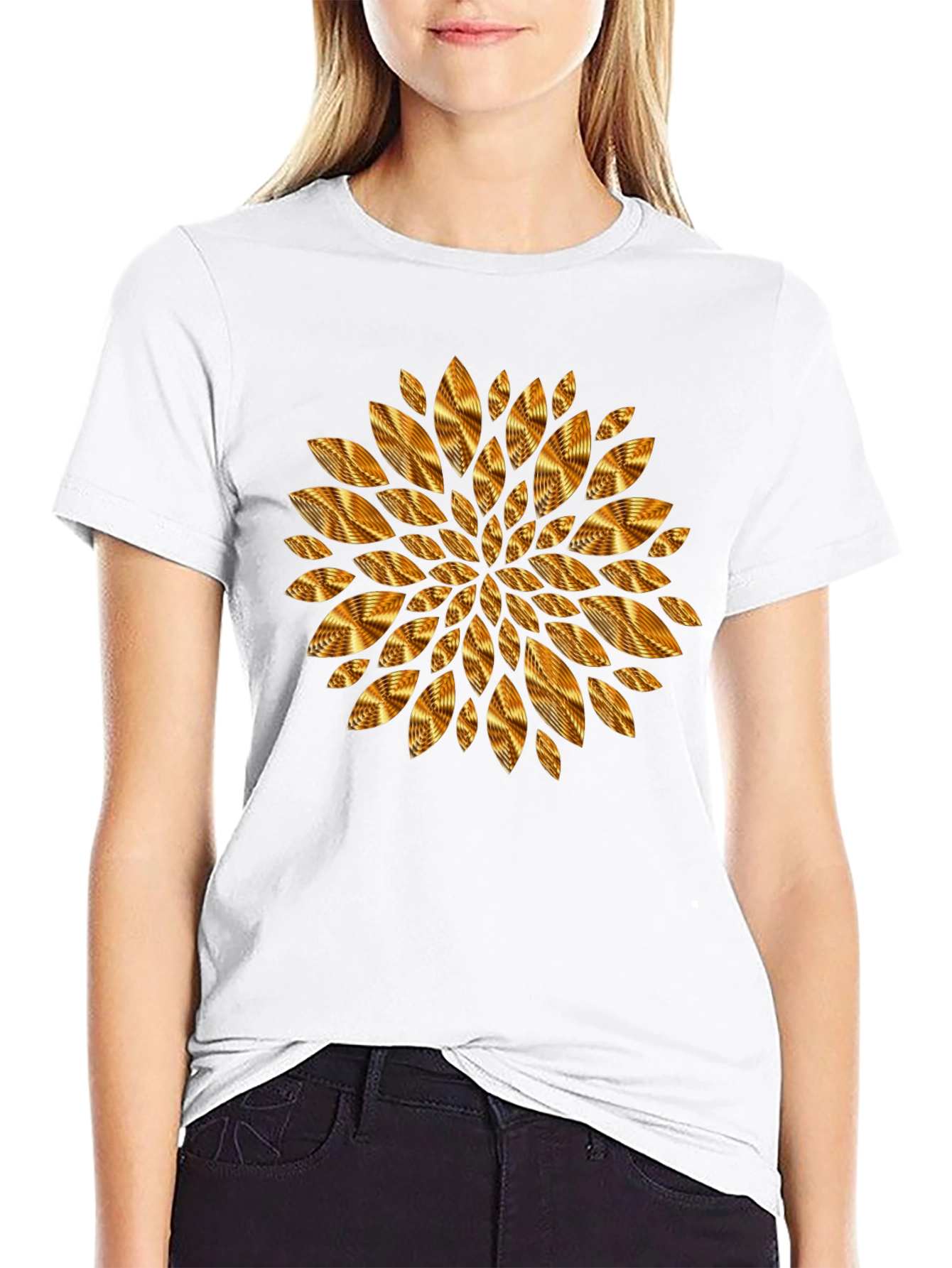 Geometric Golden Petal Graphic Black T-Shirt