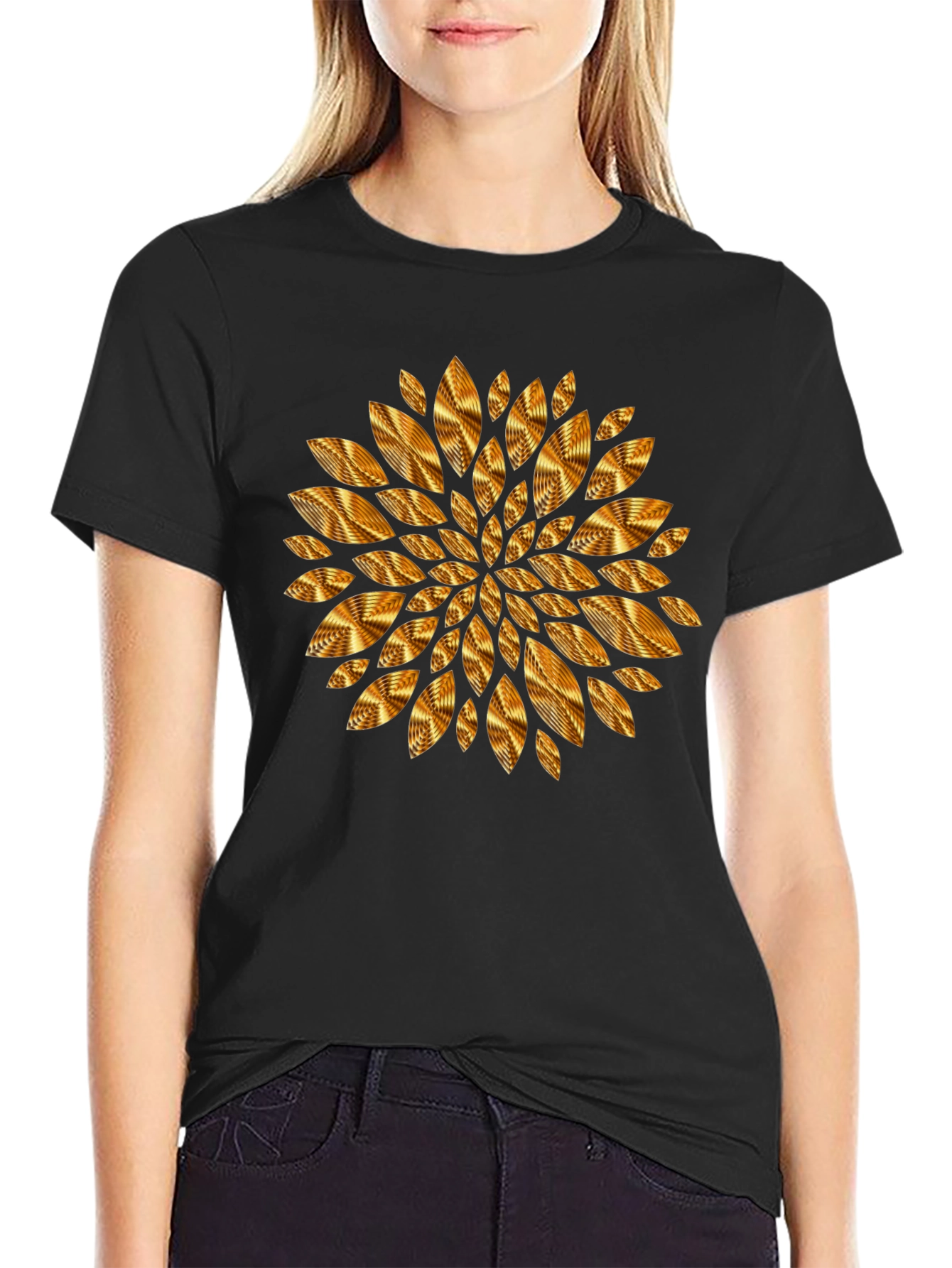 Geometric Golden Petal Graphic Black T-Shirt