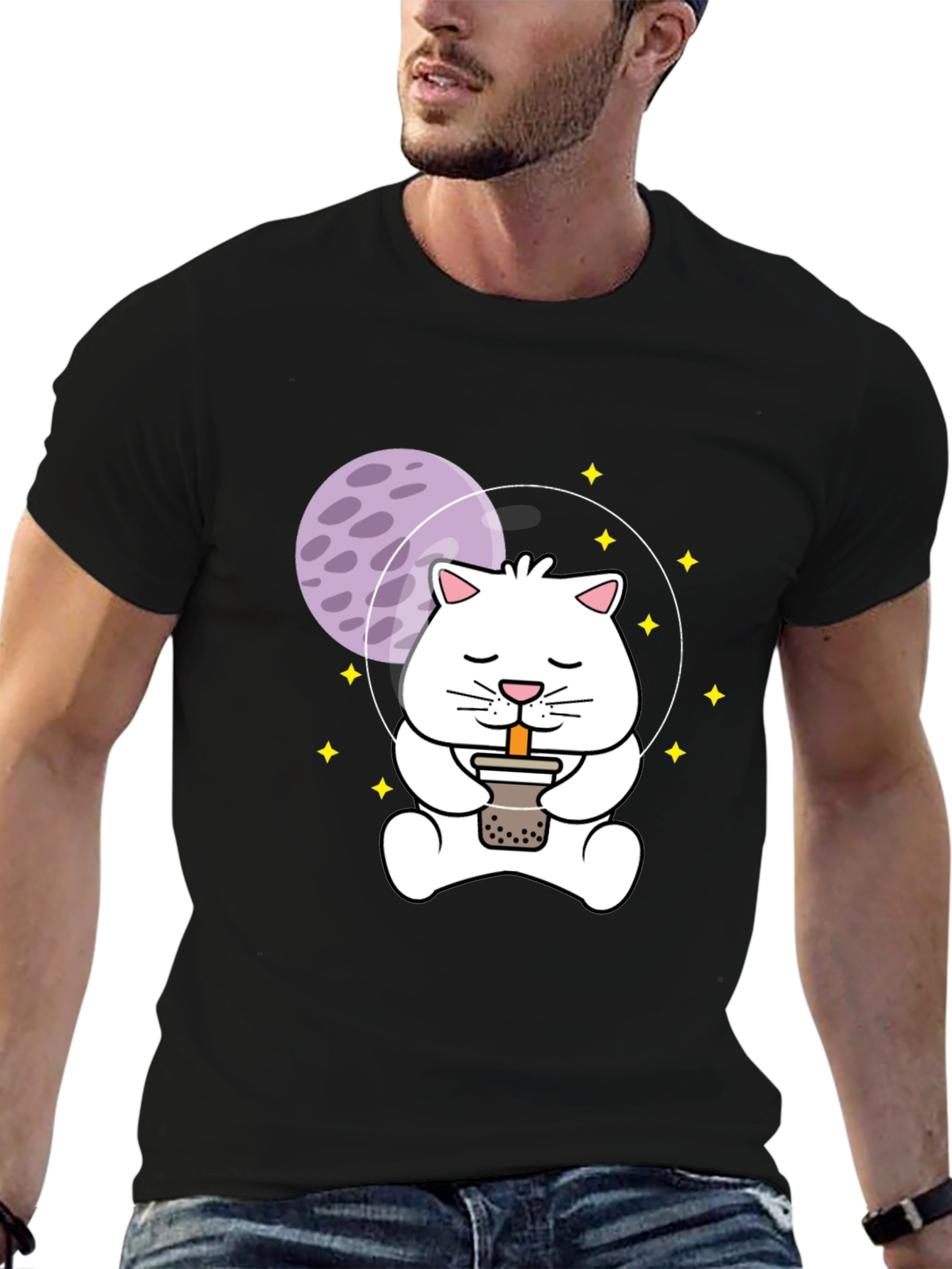 Astronaut Cat Boba Tea Graphic T-Shirt