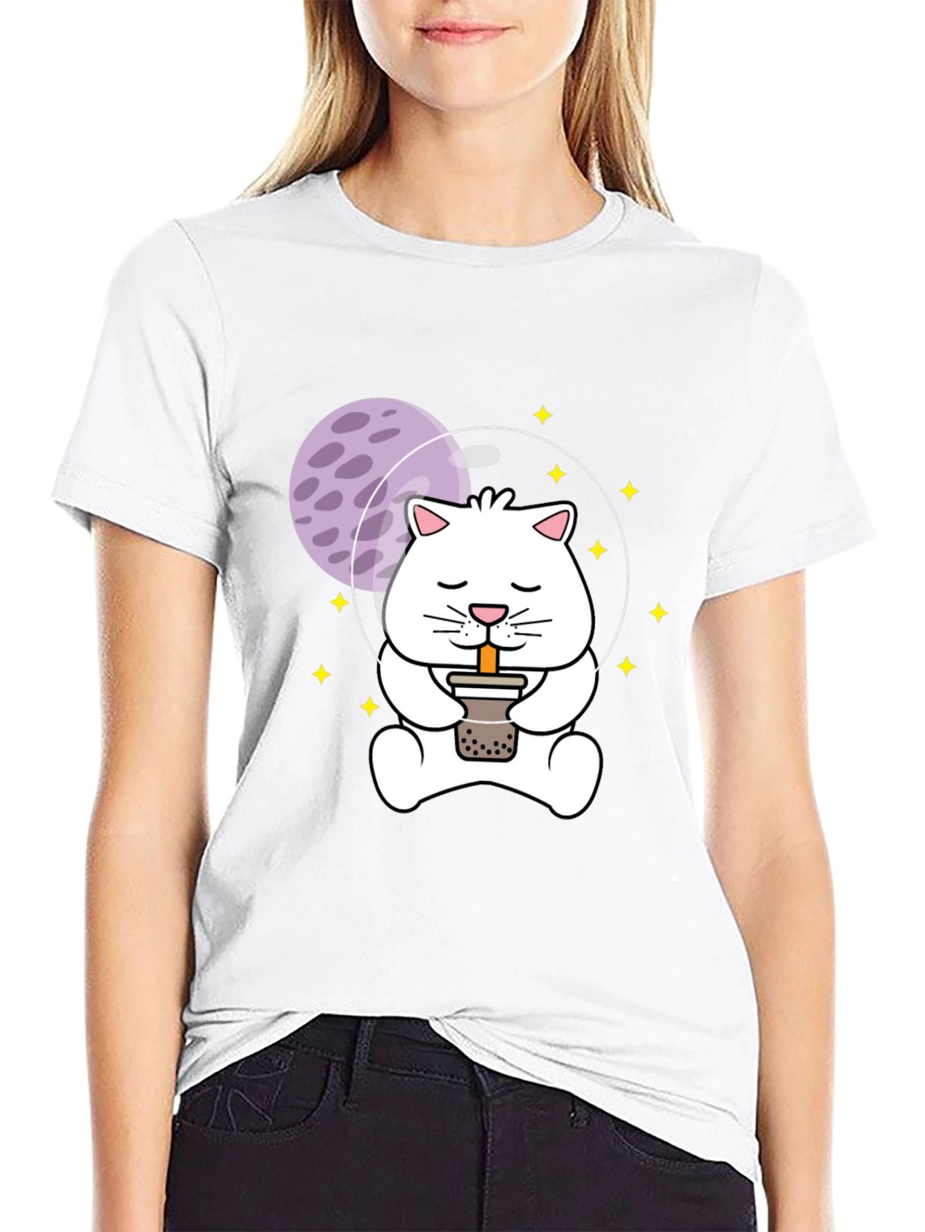 Astronaut Cat Boba Tea Graphic T-Shirt