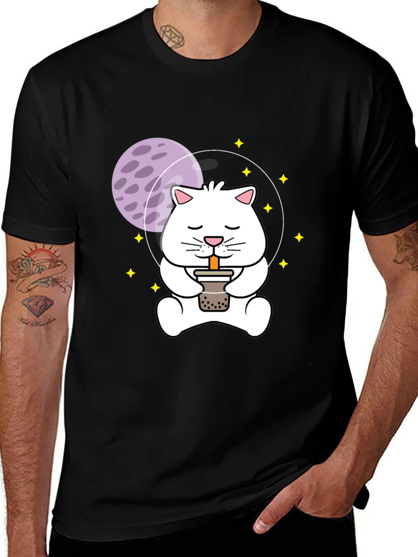 Astronaut Cat Boba Tea Graphic T-Shirt