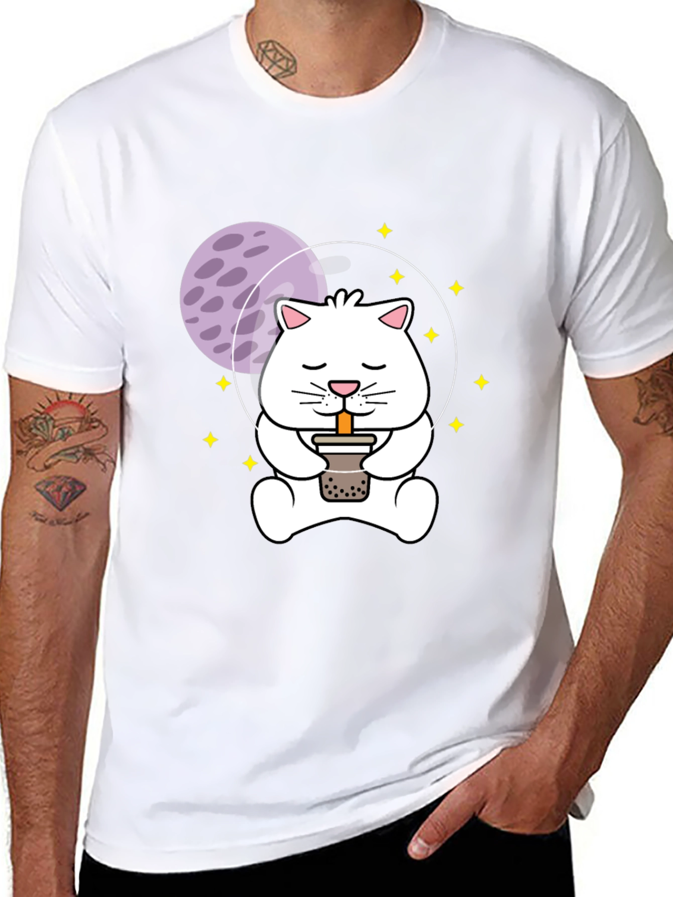 Astronaut Cat Boba Tea Graphic T-Shirt